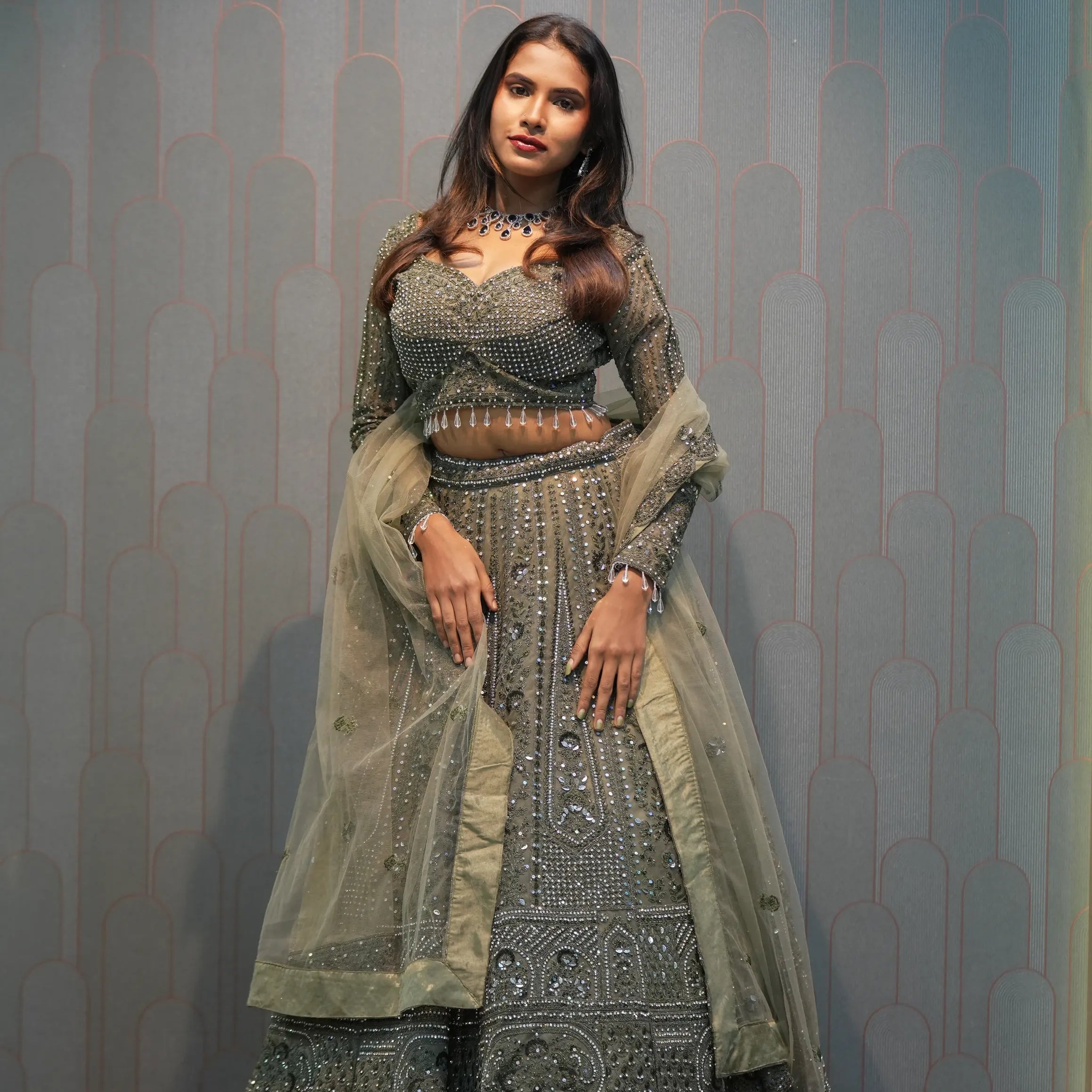 Olive Green Heavy Embellished Crop Top