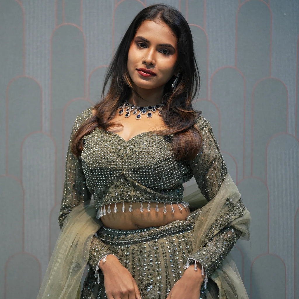 Olive Green Heavy Embellished Crop Top