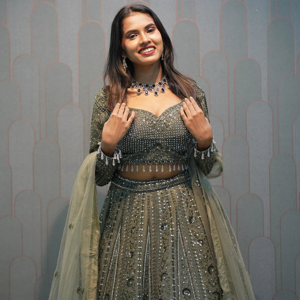 Olive Green Heavy Embellished Crop Top