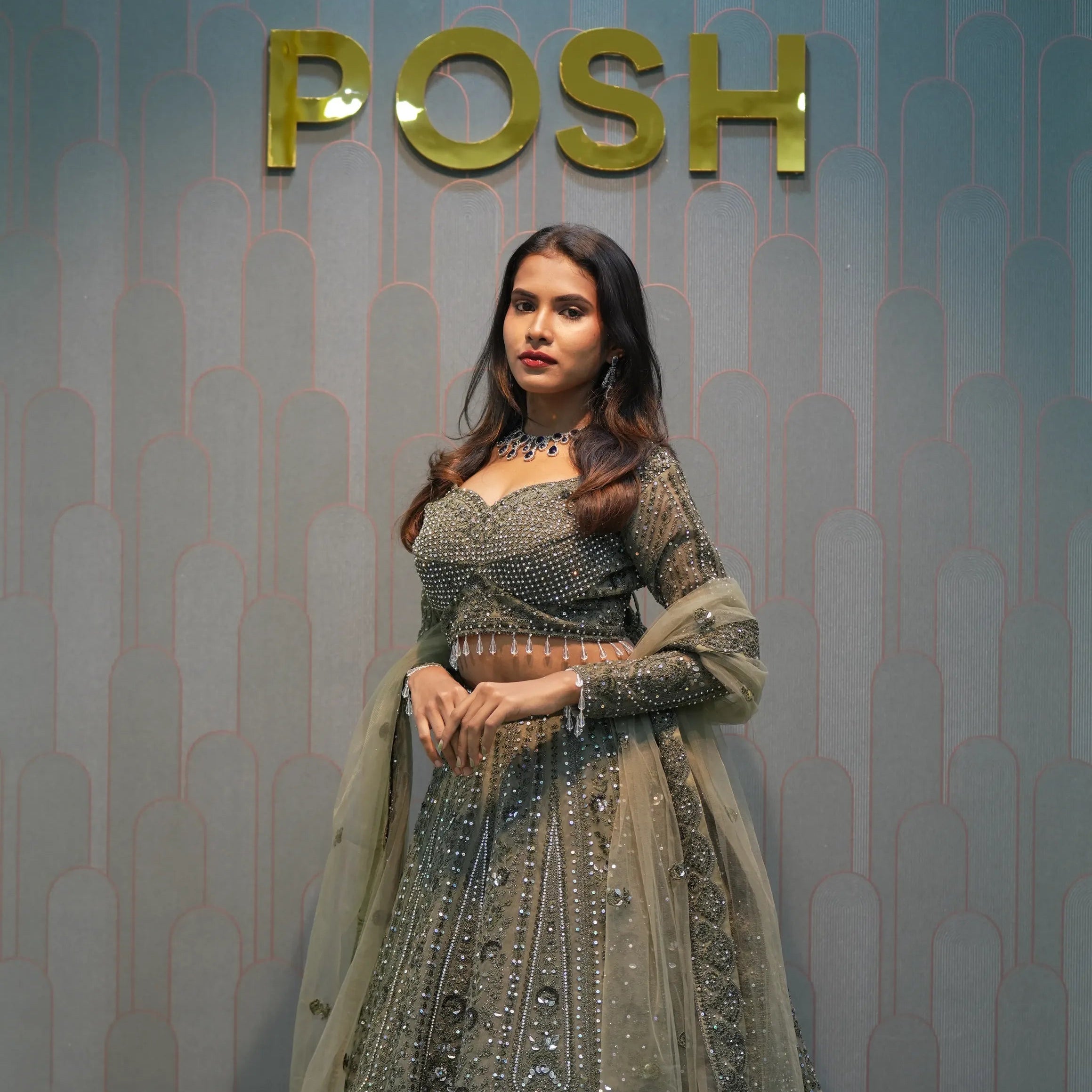 Olive Green Heavy Embellished Crop Top