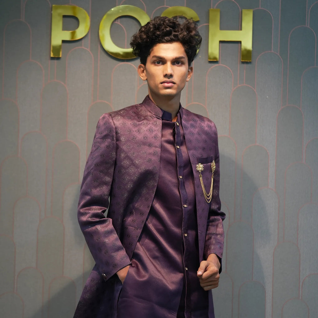 Groom wearing Wine Indo-Western Groom Set