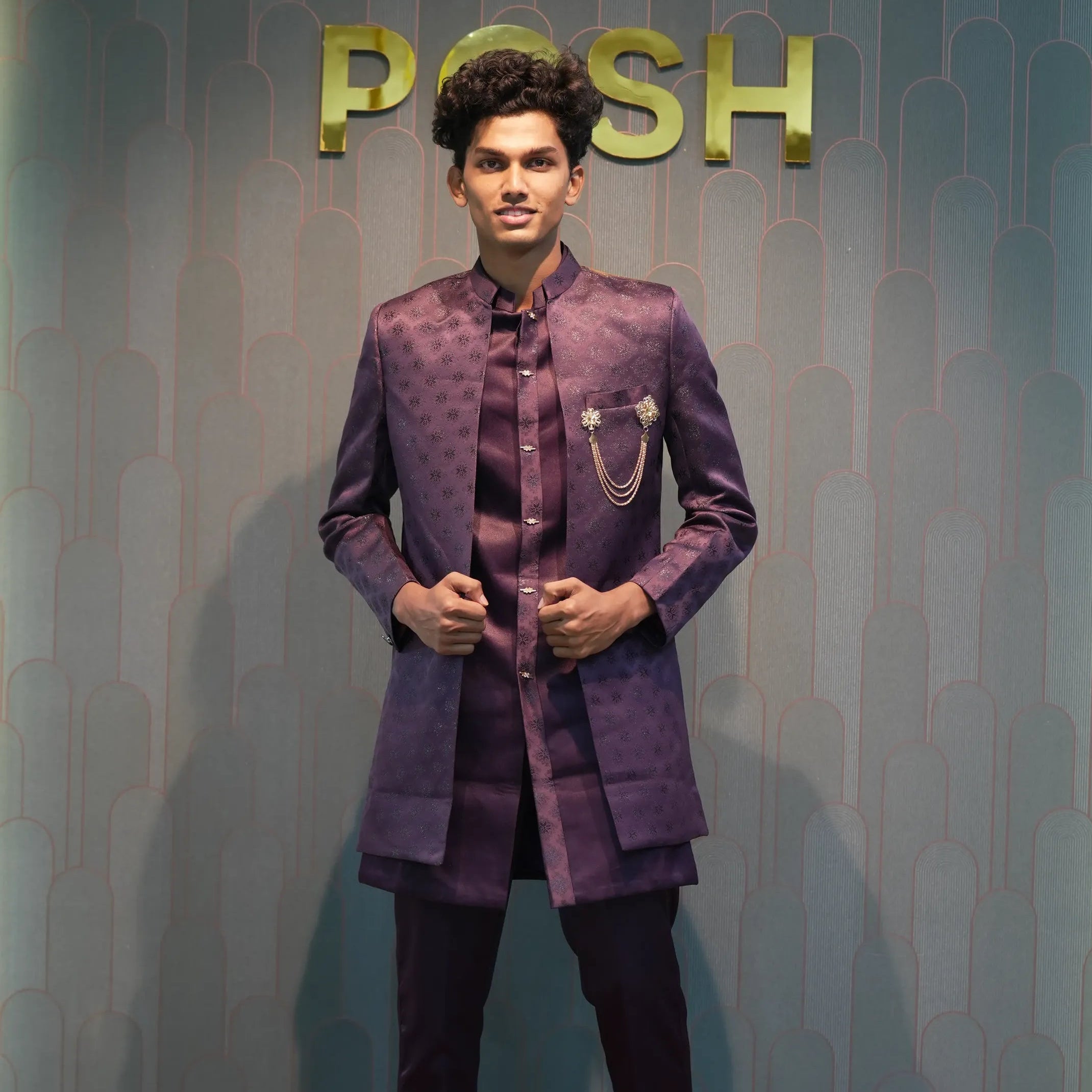 Groom wearing Wine Indo-Western Groom Set