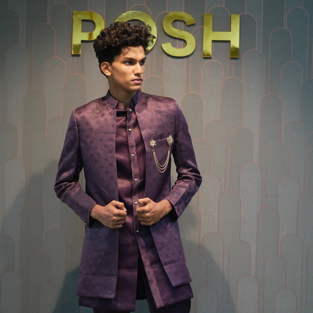 Groom wearing Wine Indo-Western Groom Set