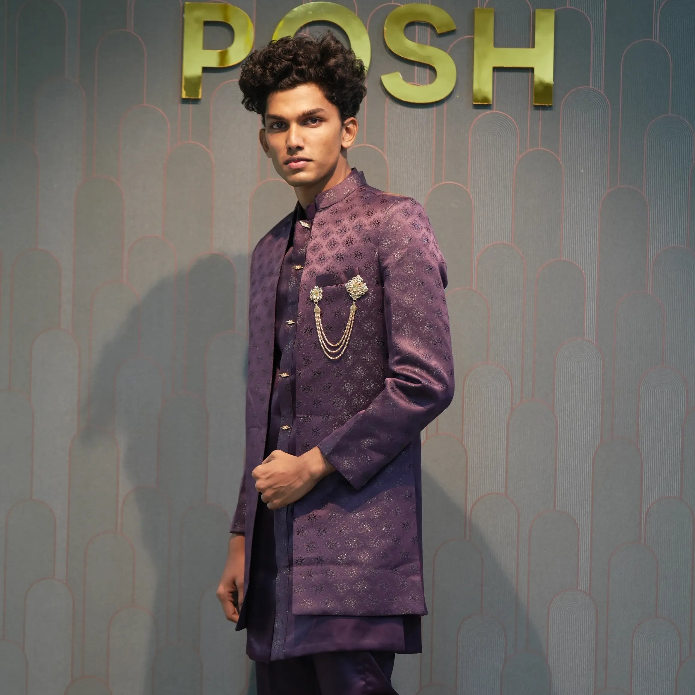 Groom wearing Wine Indo-Western Groom Set