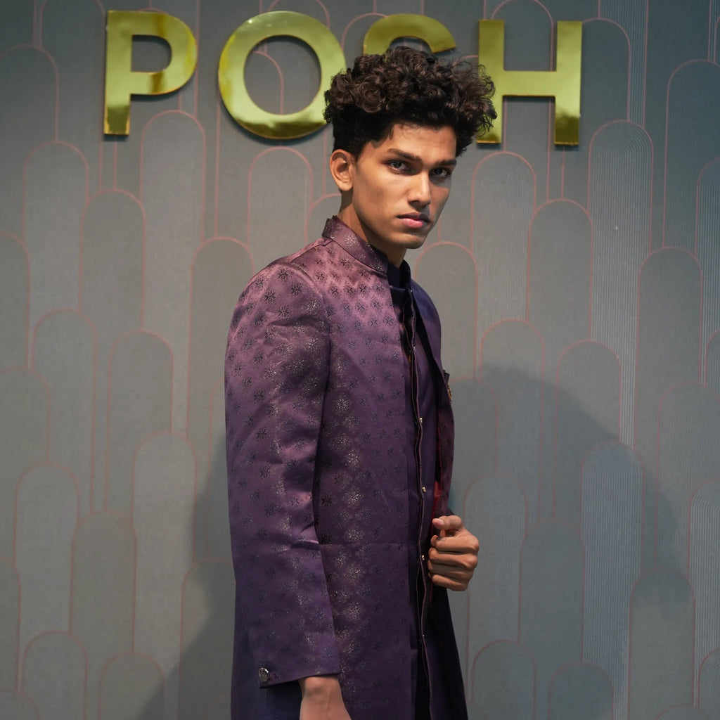 Groom wearing Wine Indo-Western Groom Set