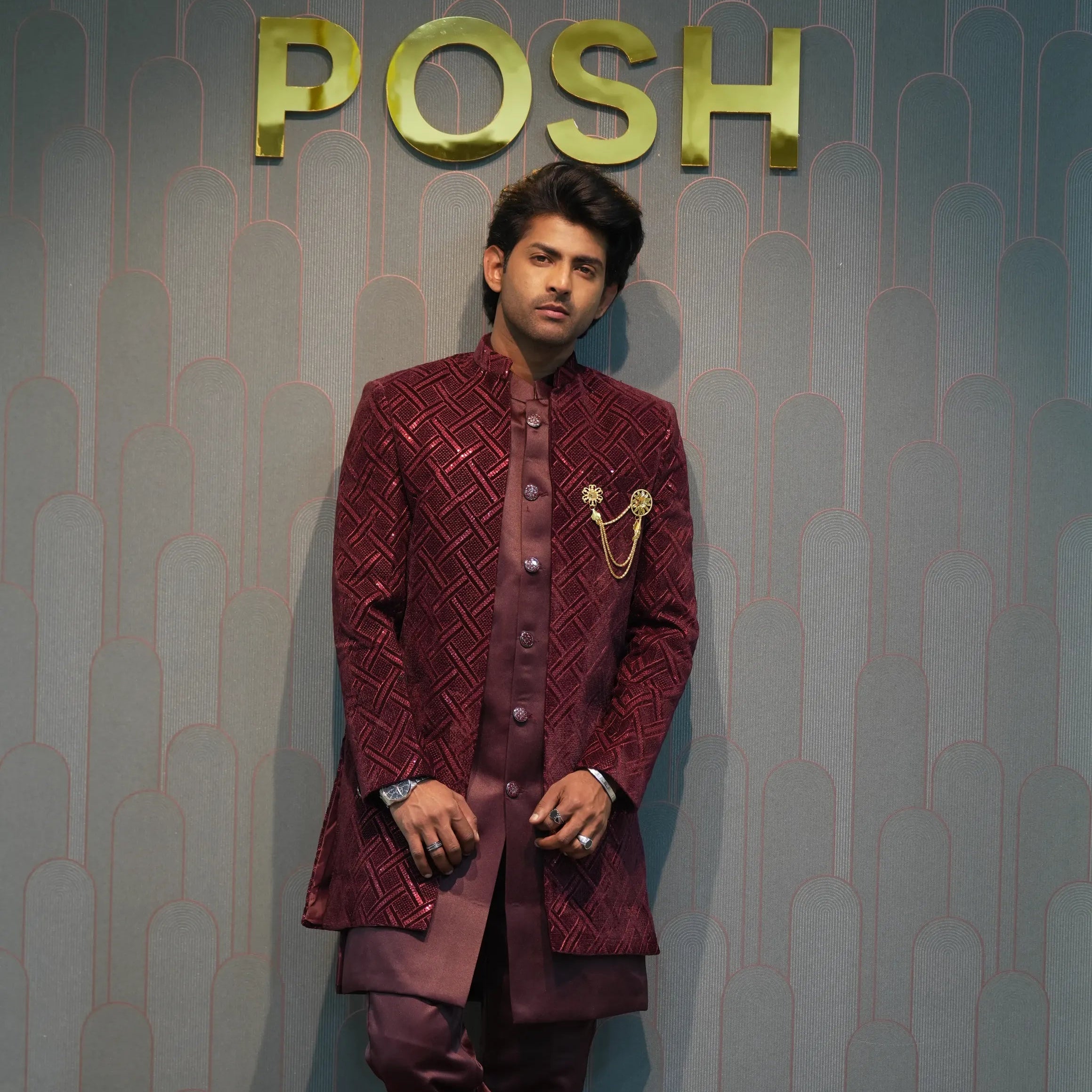 man wearing Maroon Indo-Western Groom Set for wedding