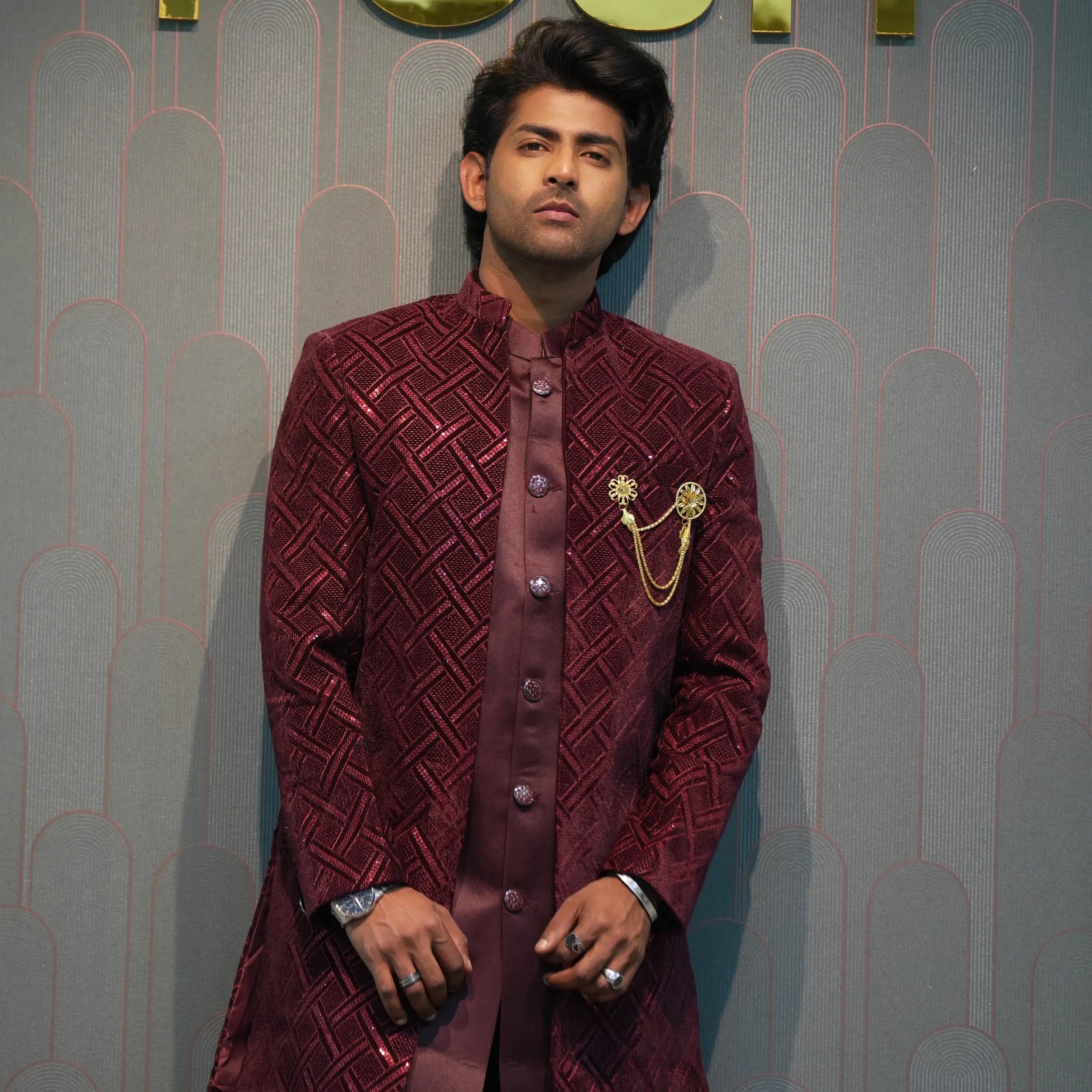 man wearing Maroon Indo-Western Groom Set for wedding