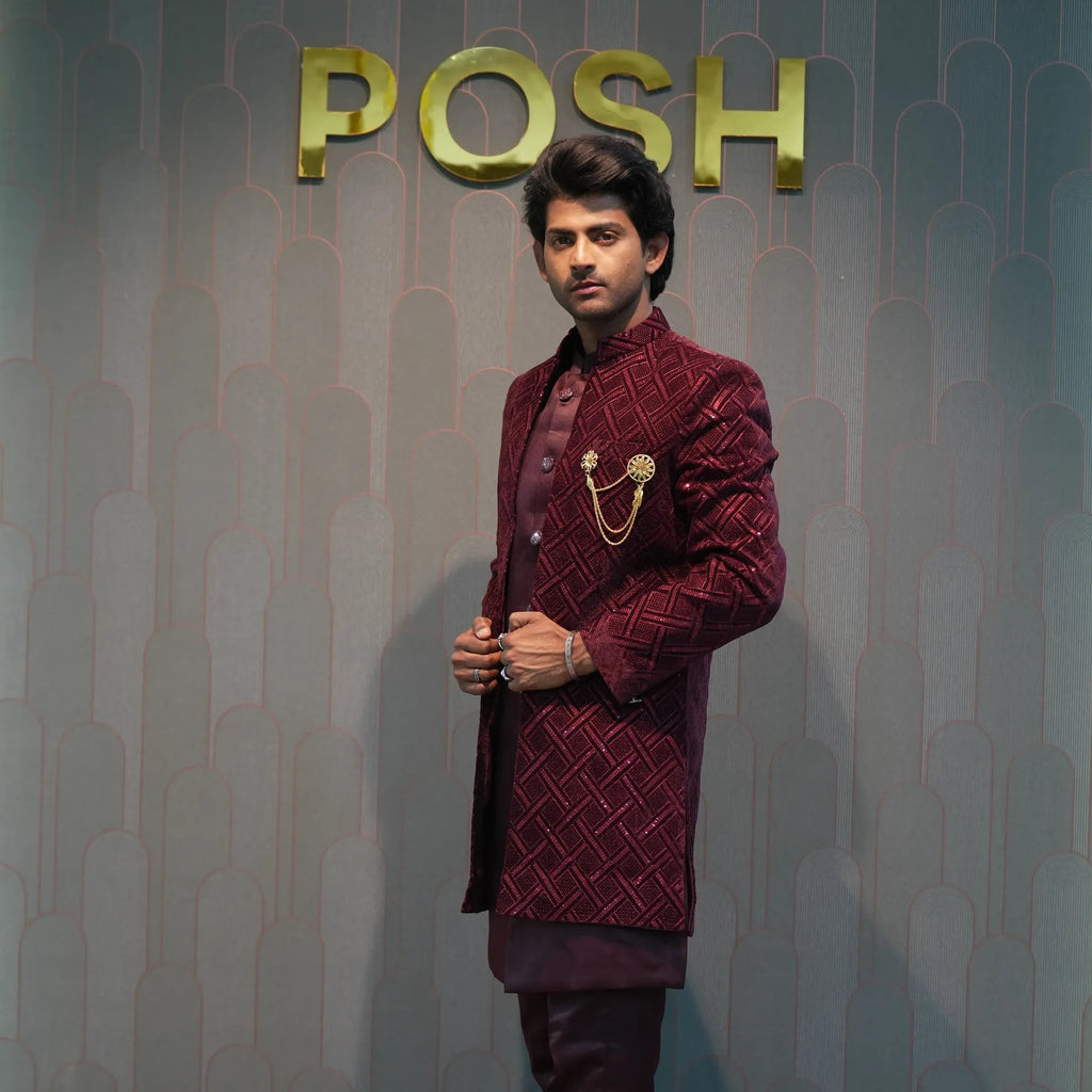 man wearing Maroon Indo-Western Groom Set for wedding