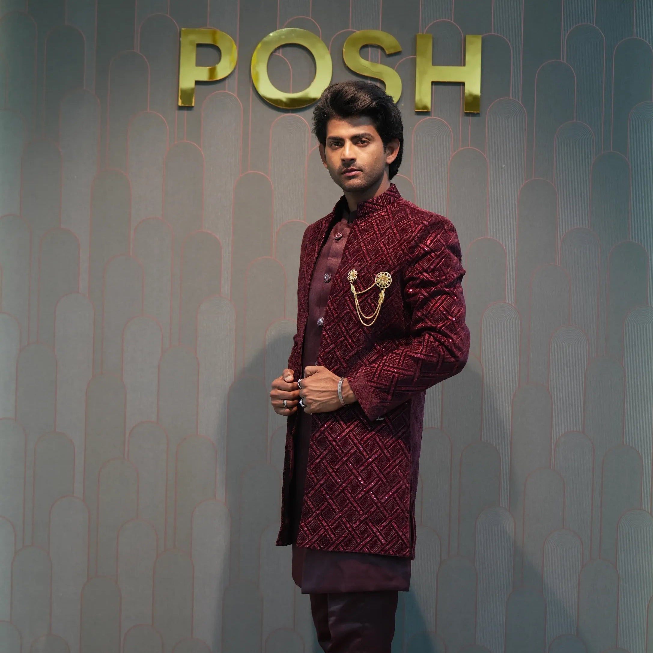 man wearing Maroon Indo-Western Groom Set for wedding