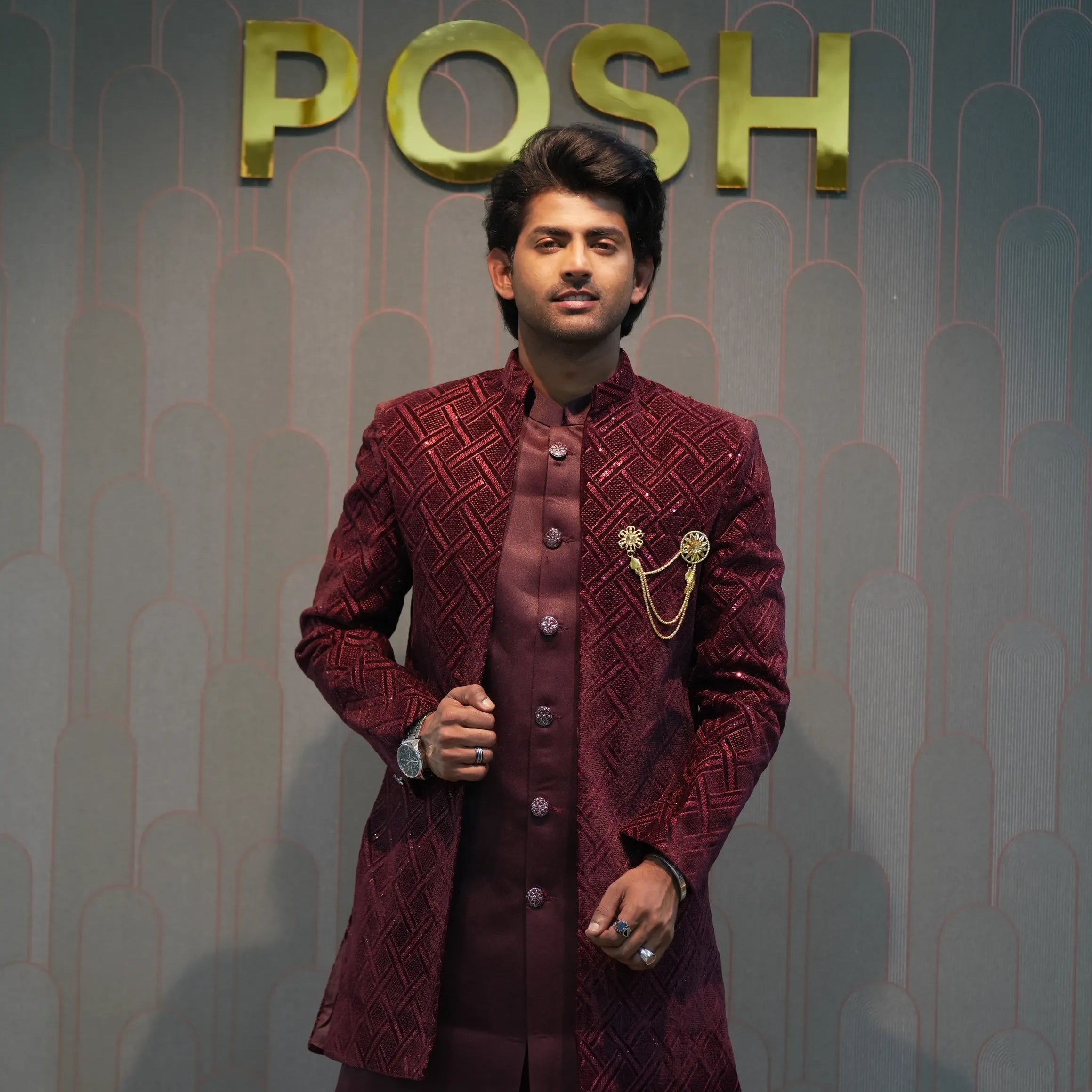 man wearing Maroon Indo-Western Groom Set for wedding