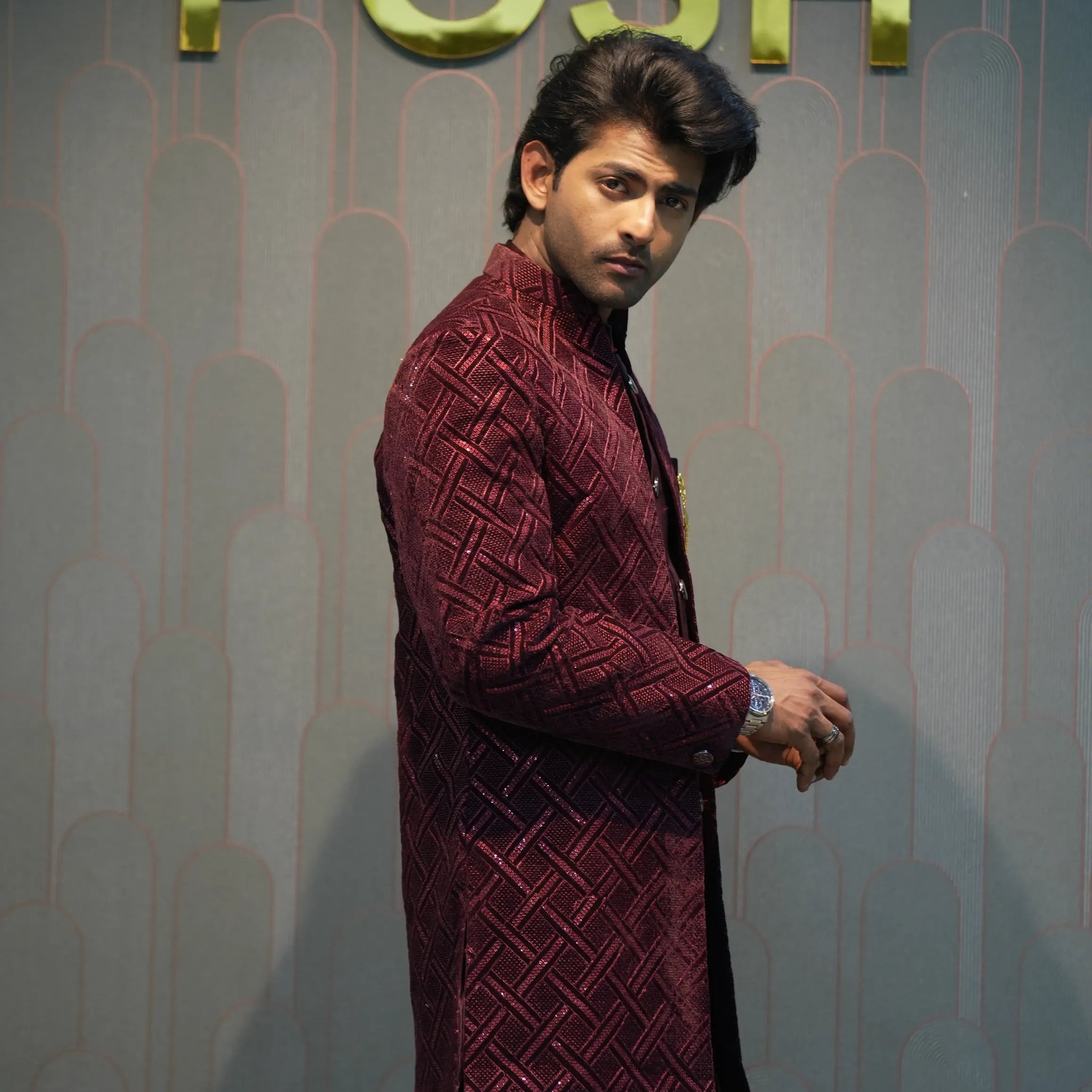 man wearing Maroon Indo-Western Groom Set for wedding