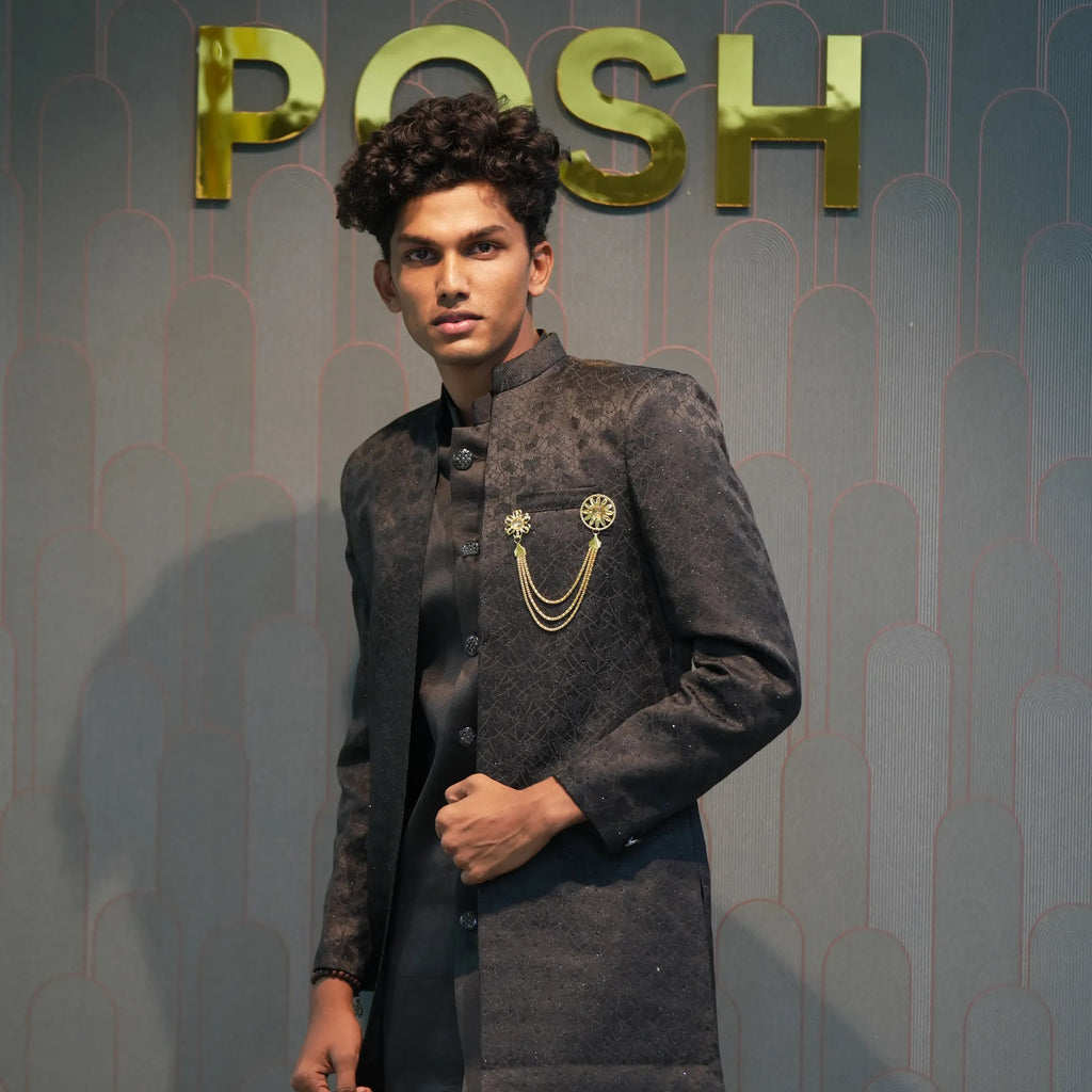 groom posing with Black Indo-Western Set
