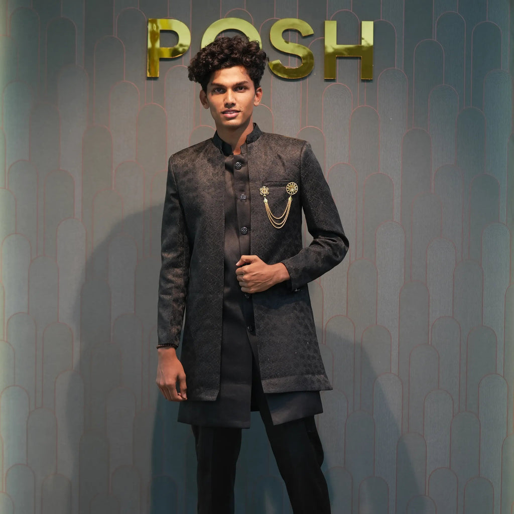 groom posing with Black Indo-Western Set
