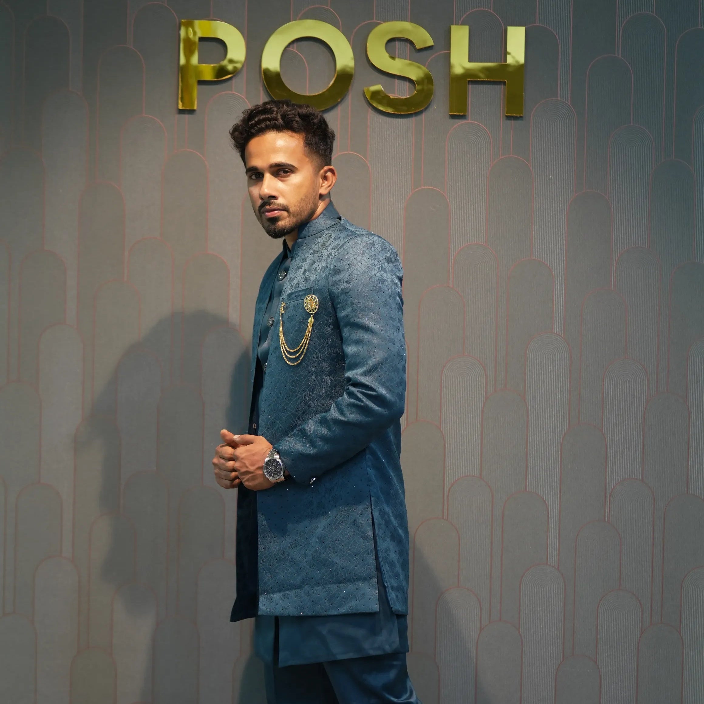 Groom wearing Dark Blue Indo-Western Set rented by posh wedding rental