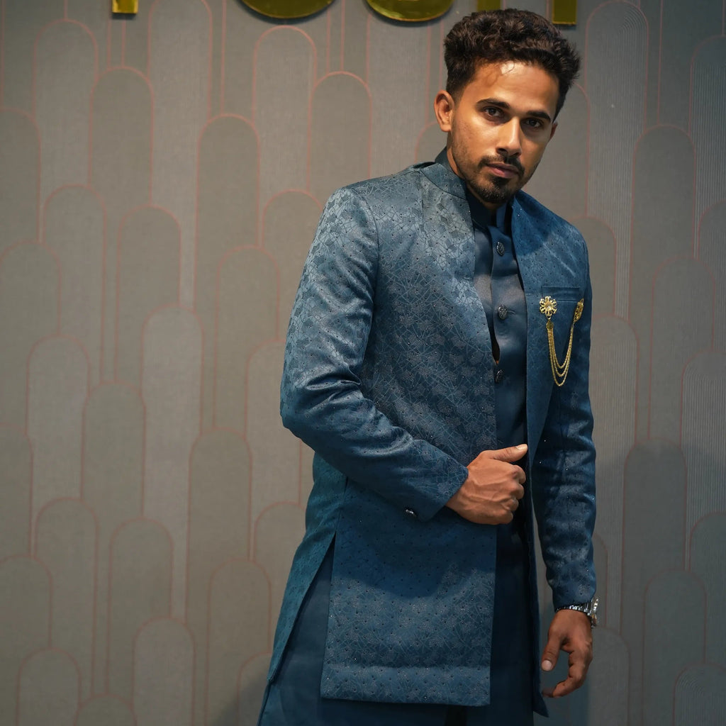 Groom wearing Dark Blue Indo-Western Set rented by posh wedding rental