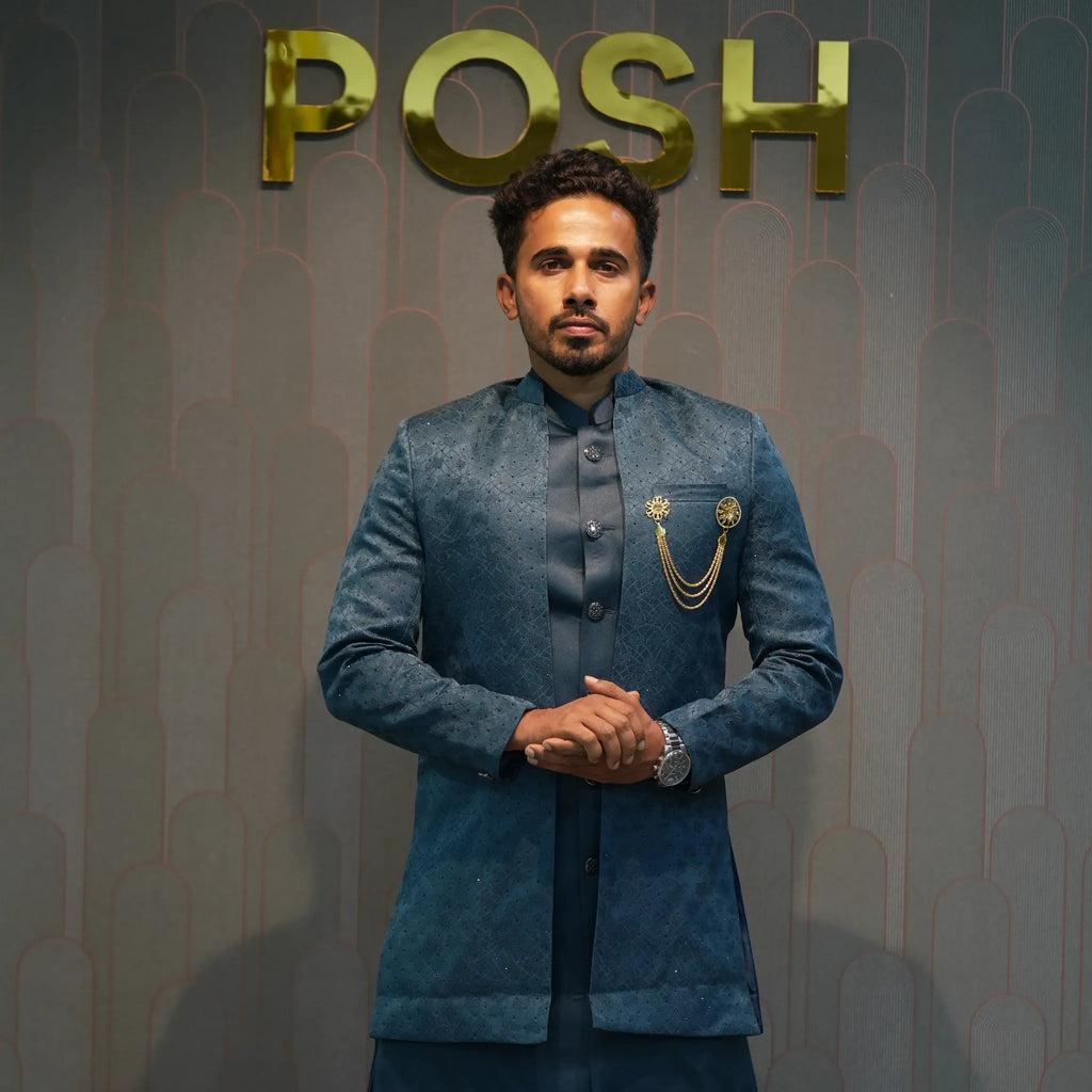 Groom wearing Dark Blue Indo-Western Set rented by posh wedding rental