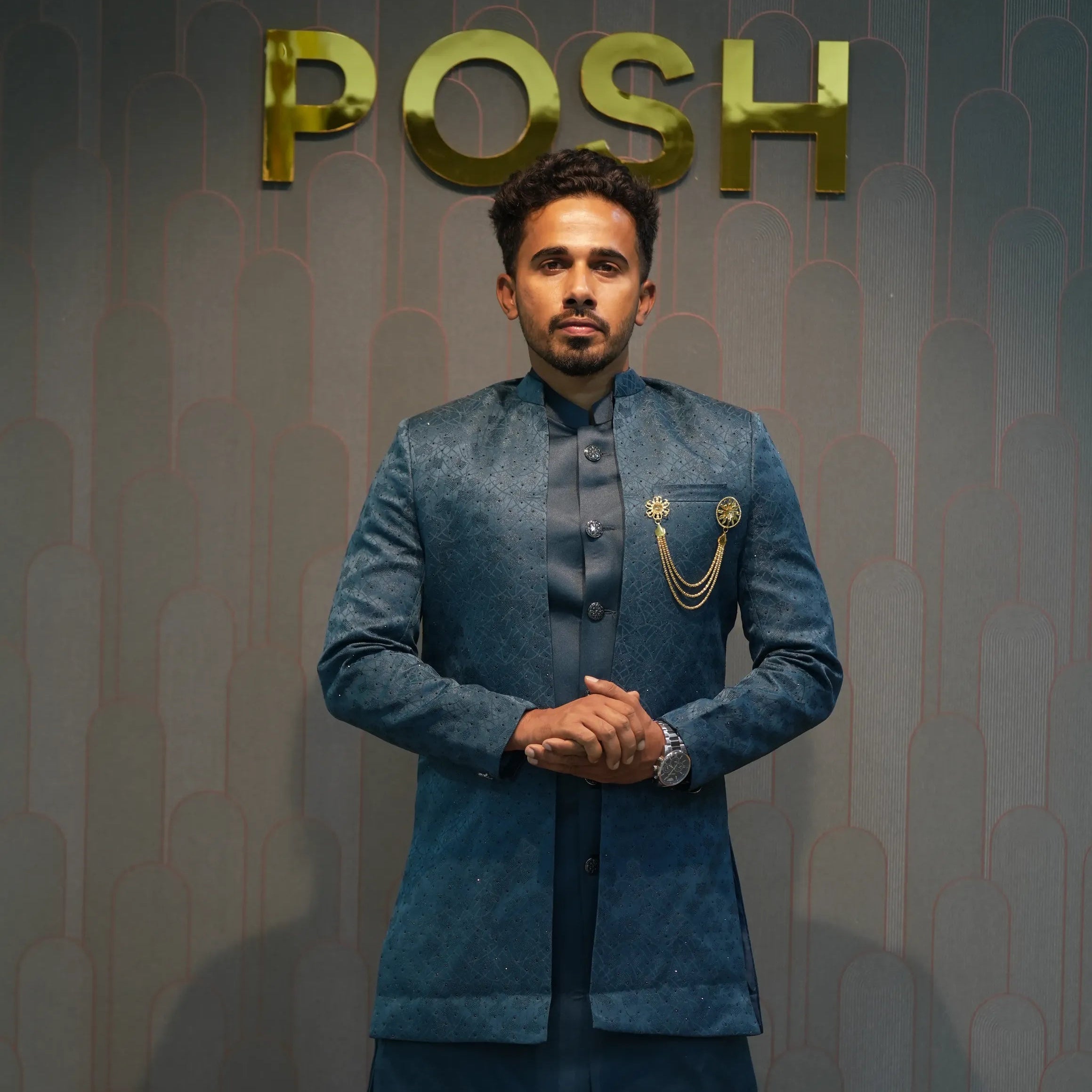 Groom wearing Dark Blue Indo-Western Set rented by posh wedding rental