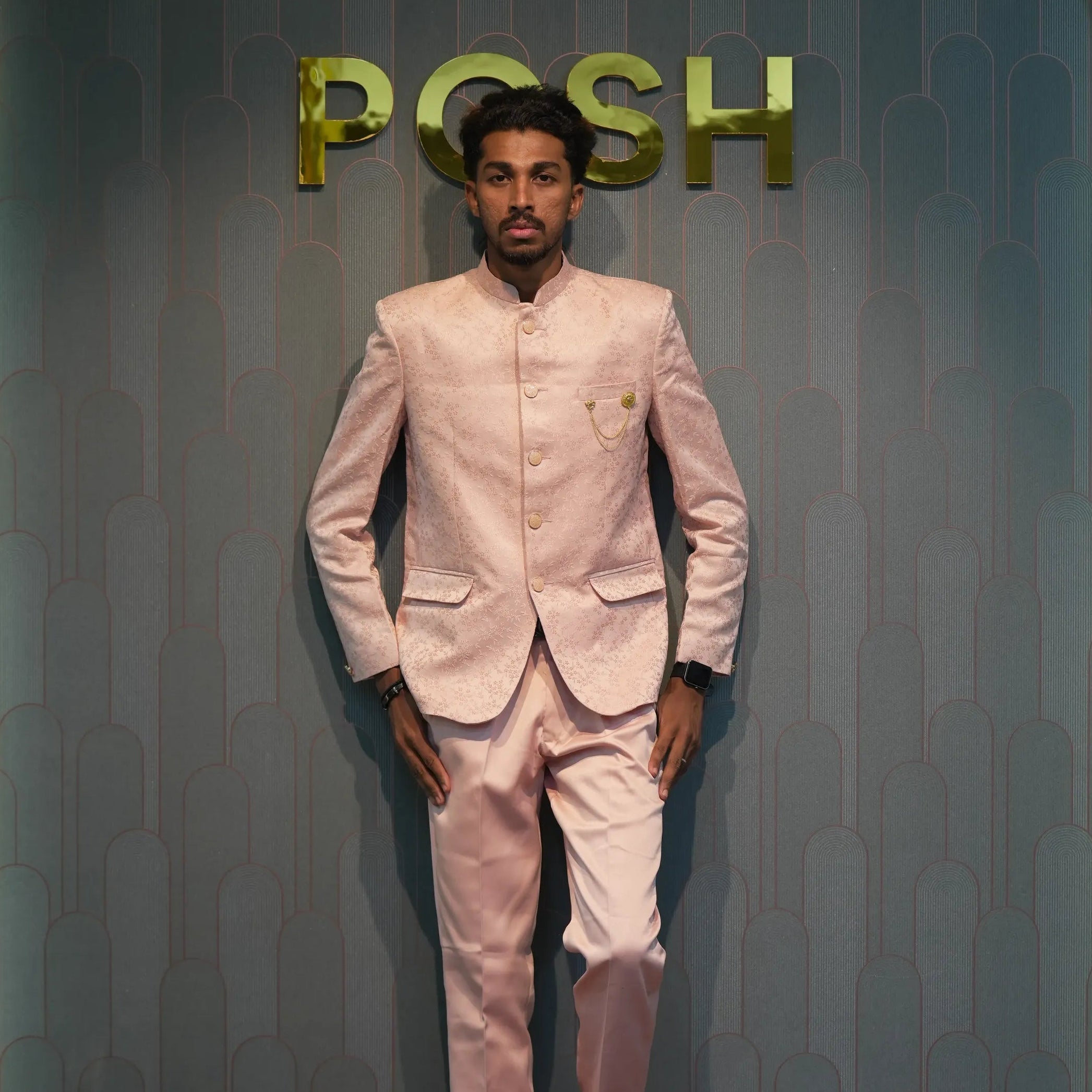 groom rented Peach Closed Jodhpuri Set for wedding