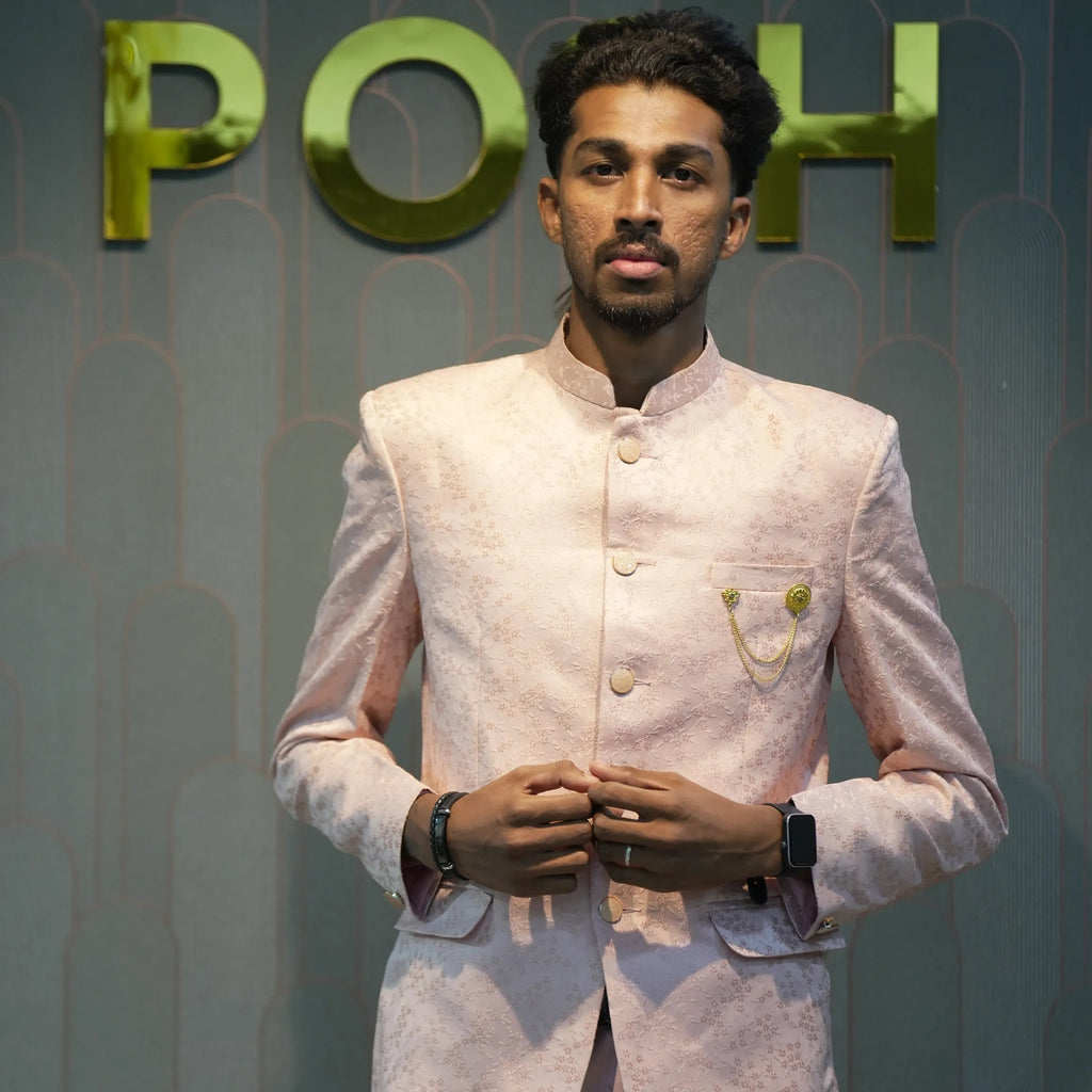 groom rented Peach Closed Jodhpuri Set for wedding