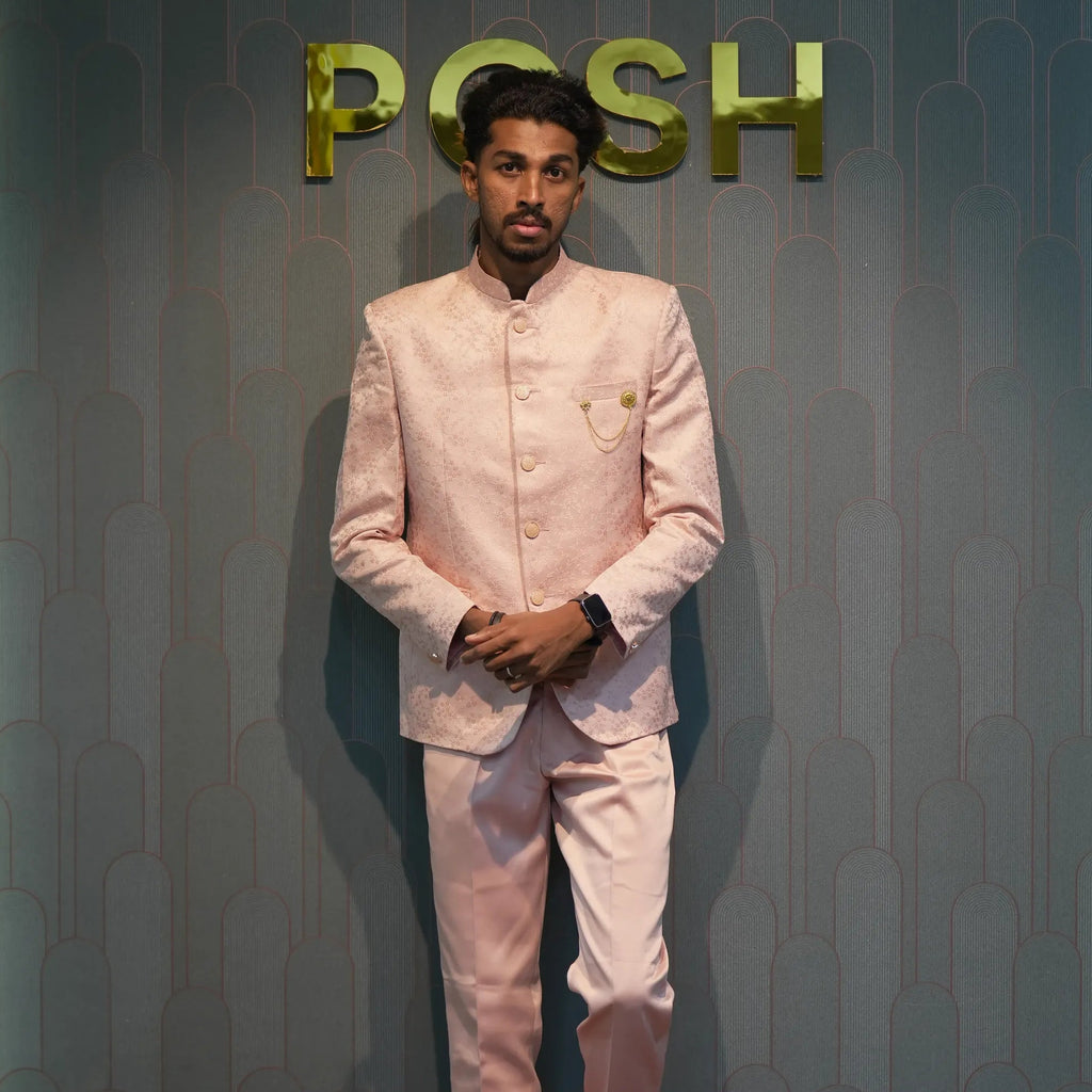 groom rented Peach Closed Jodhpuri Set for wedding