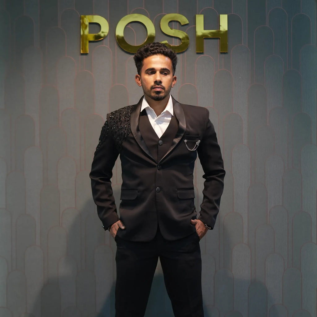 groom wearing Black Tuxedo Groom Suit for wedding