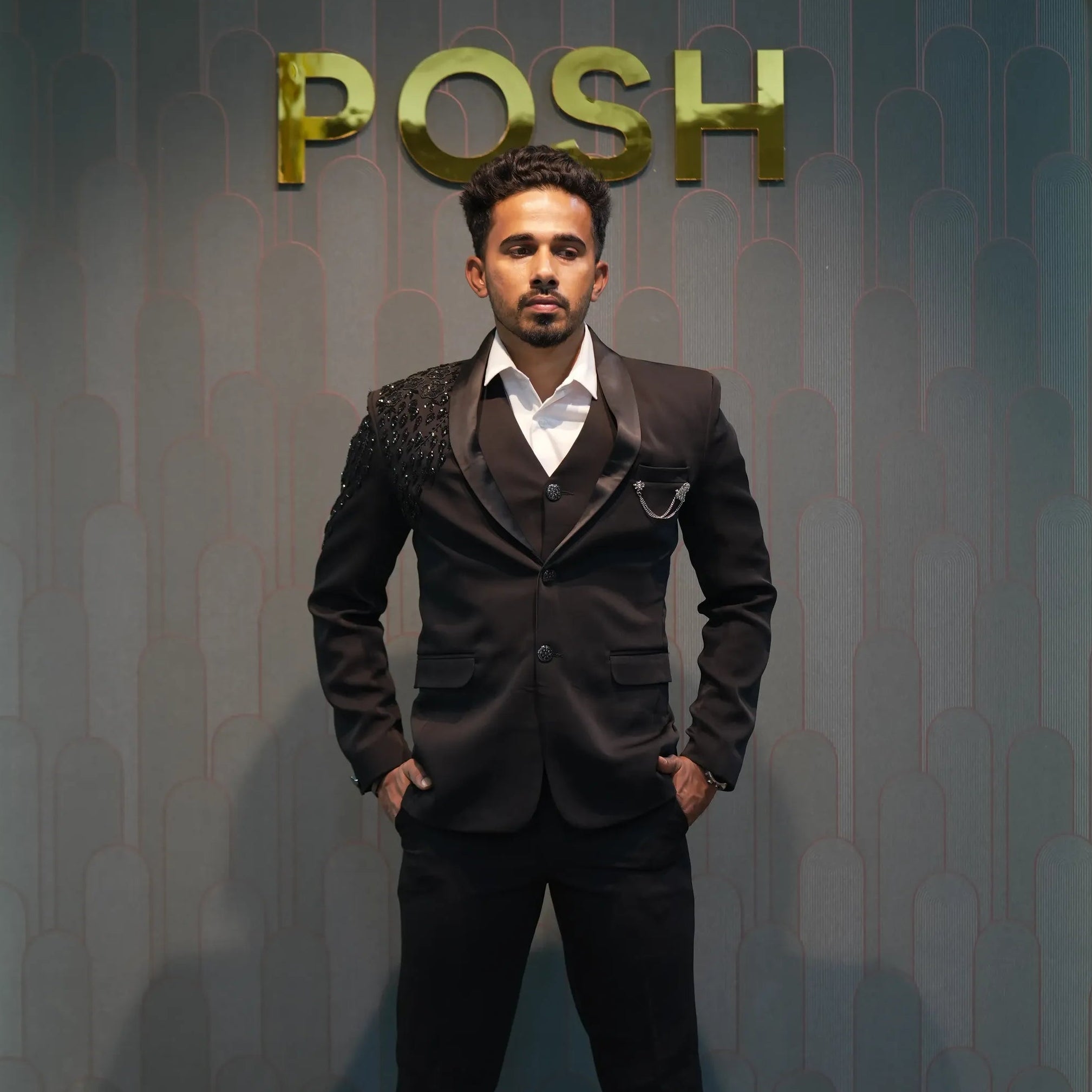 groom wearing Black Tuxedo Groom Suit for wedding