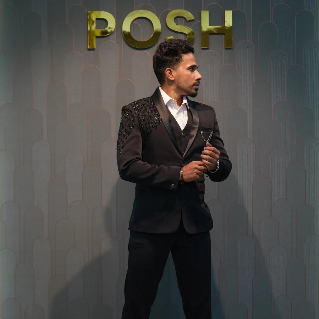 groom wearing Black Tuxedo Groom Suit for wedding