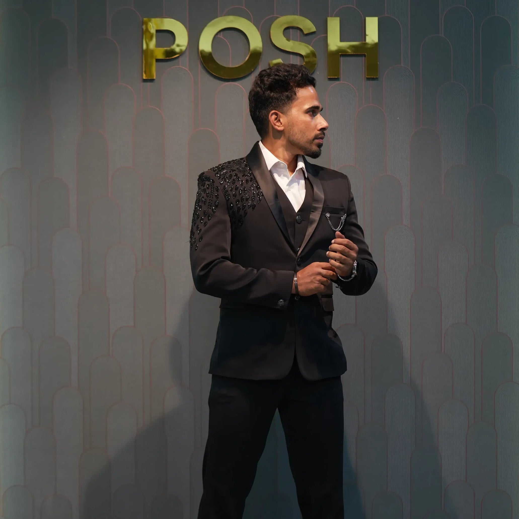 groom wearing Black Tuxedo Groom Suit for wedding