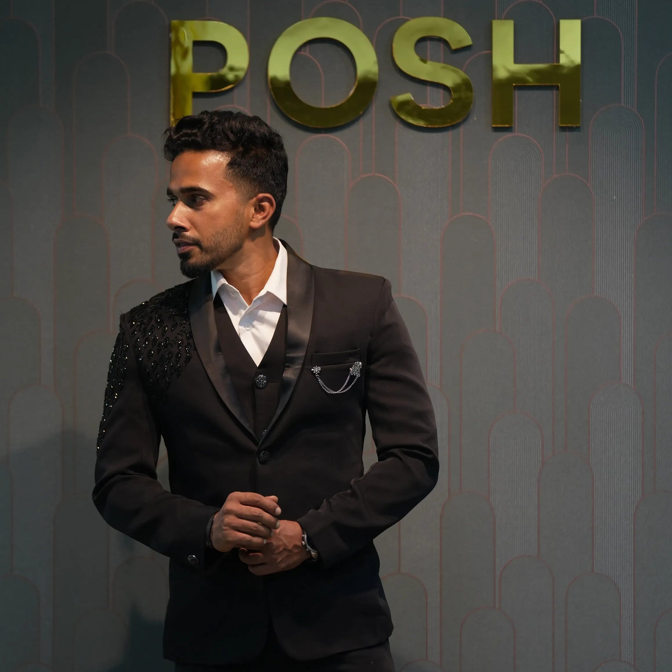 groom wearing Black Tuxedo Groom Suit for wedding