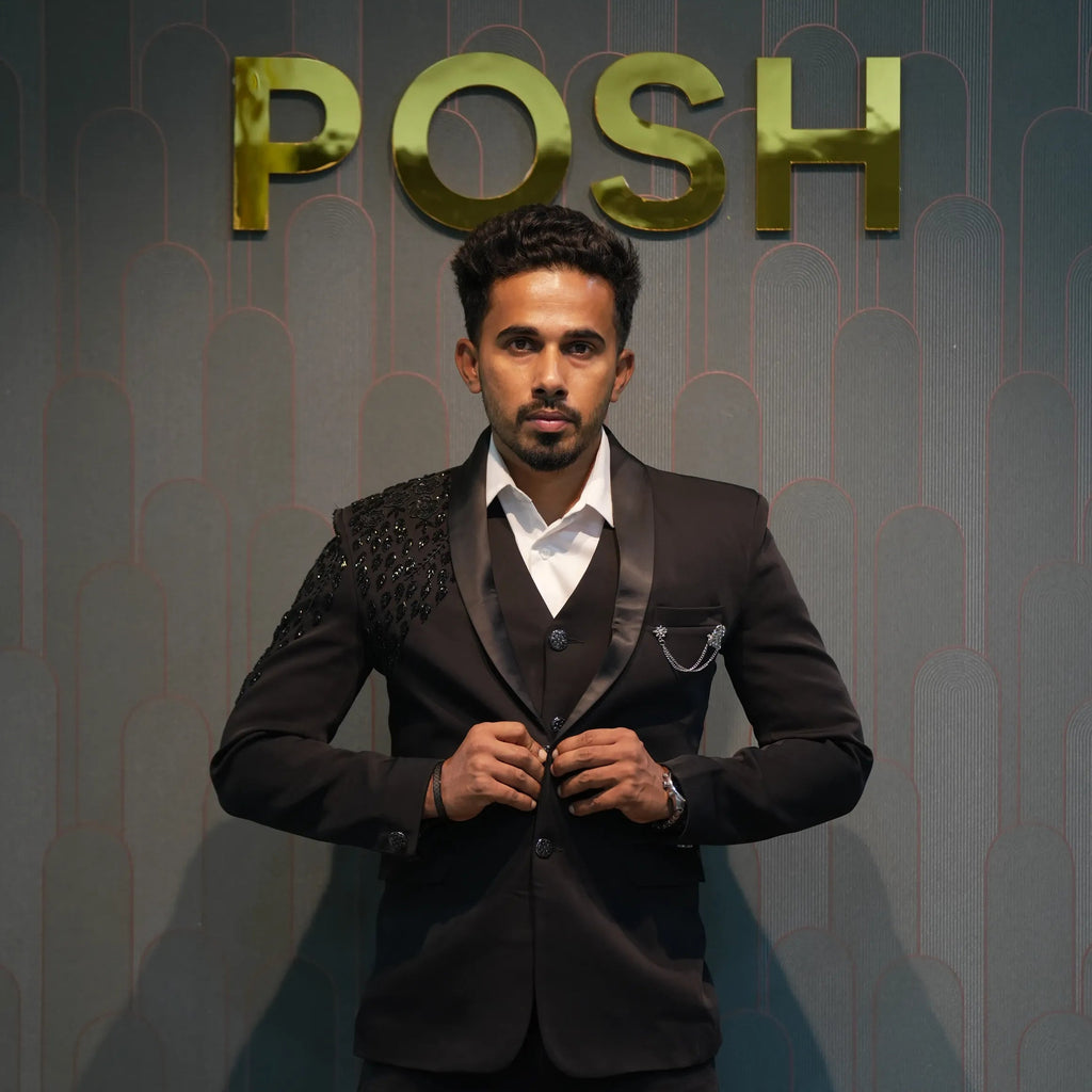 groom wearing Black Tuxedo Groom Suit for wedding