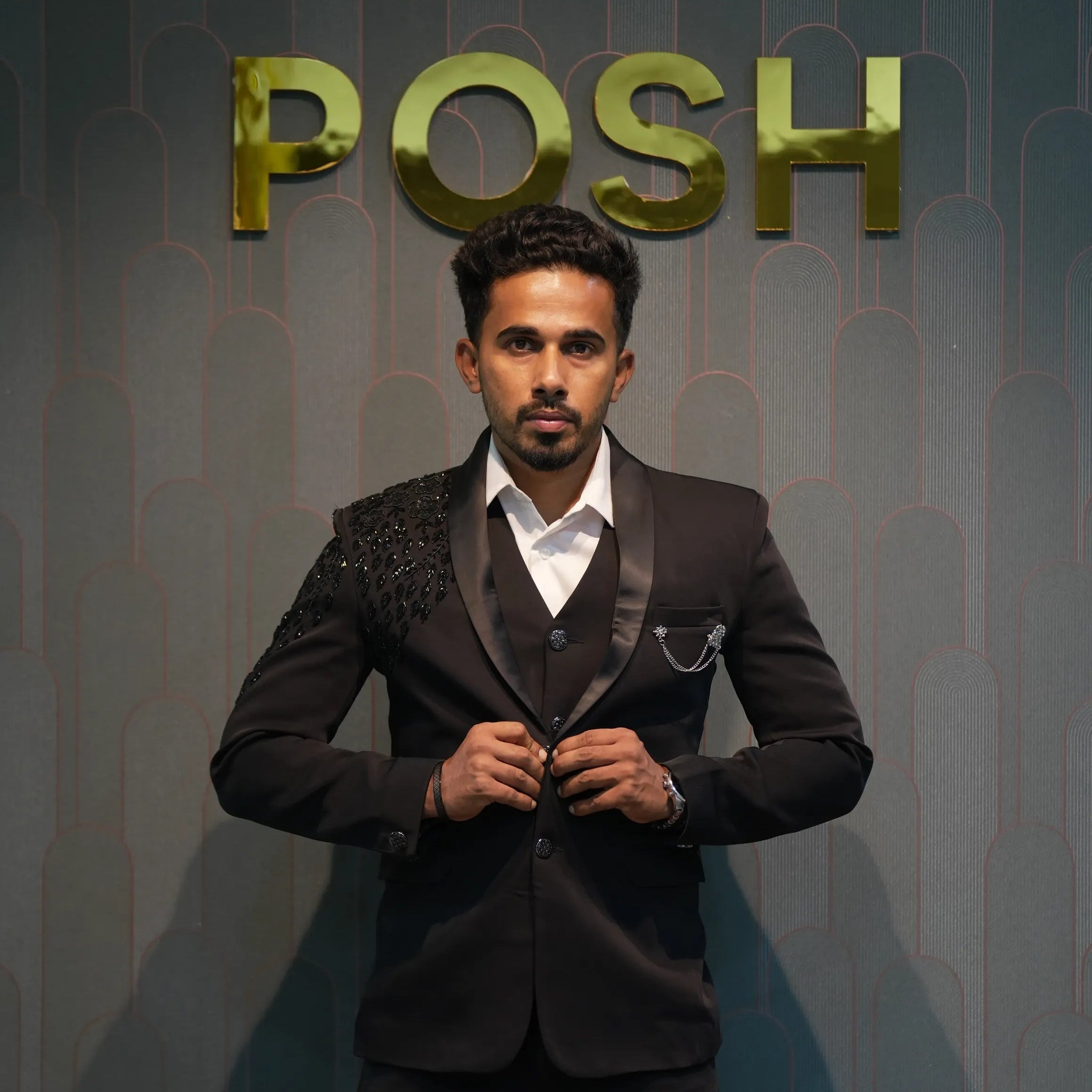 groom wearing Black Tuxedo Groom Suit for wedding