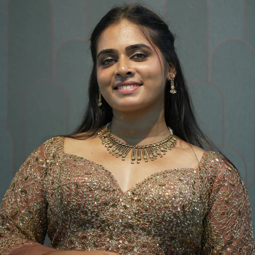 women wearing Light Brown Crop Top Lehenga