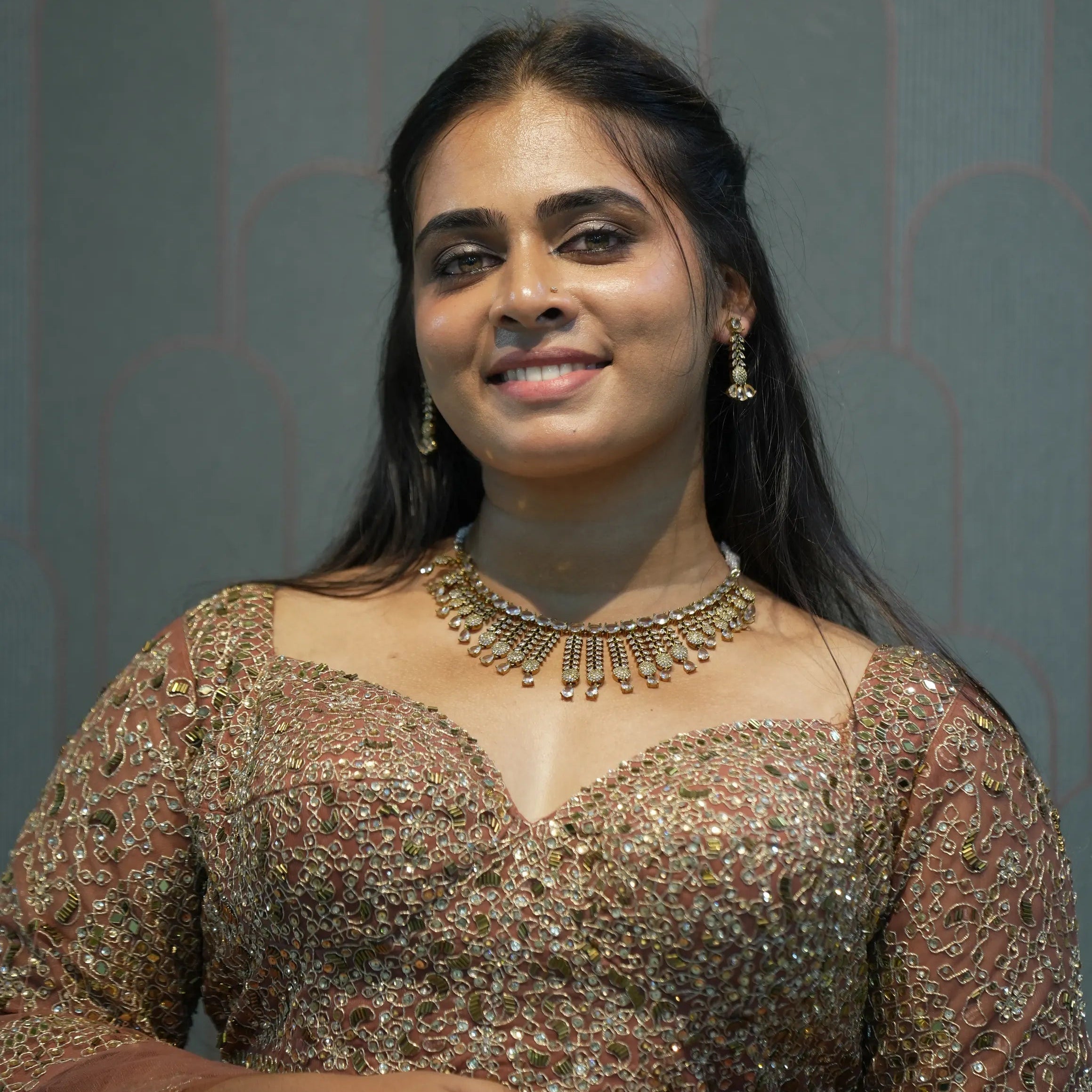 women wearing Light Brown Crop Top Lehenga