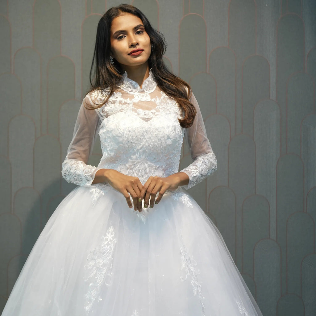 Elegant White High-Neck Bridal Gown