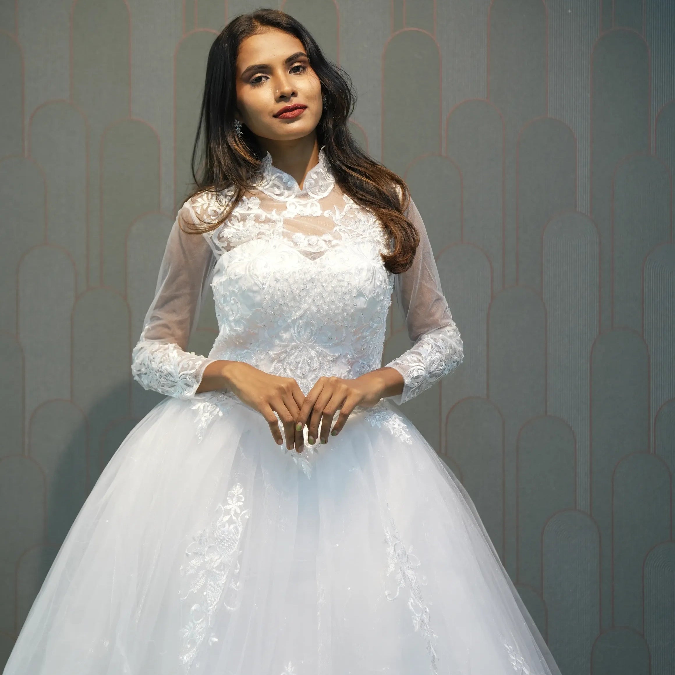 Elegant White High-Neck Bridal Gown