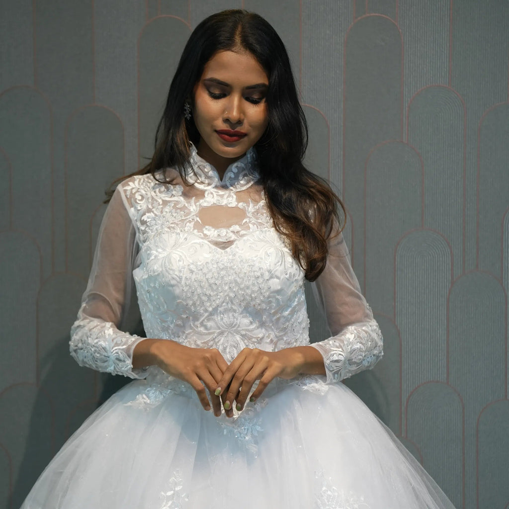 Elegant White High-Neck Bridal Gown