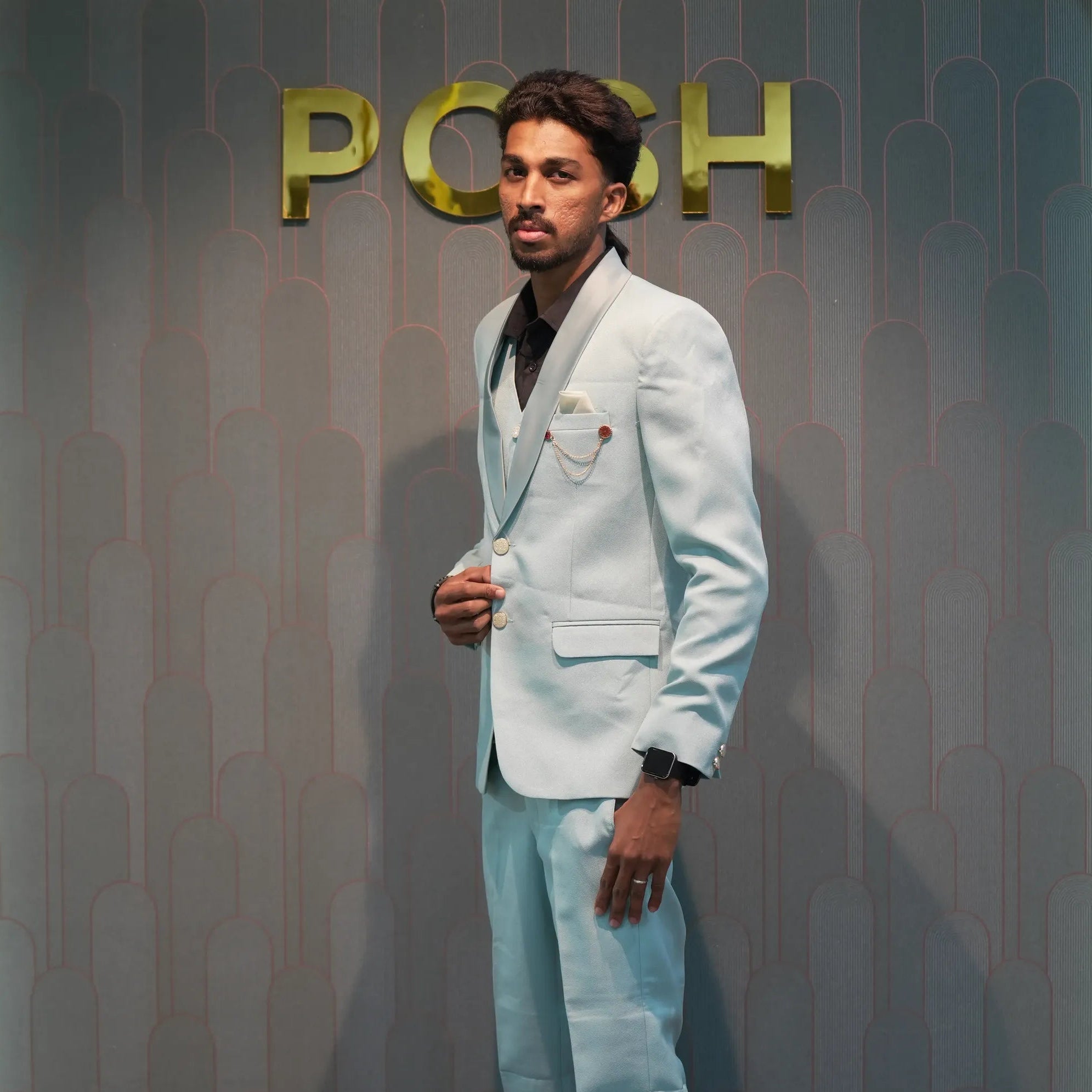 Pastel Blue Three-Piece Groom Suit