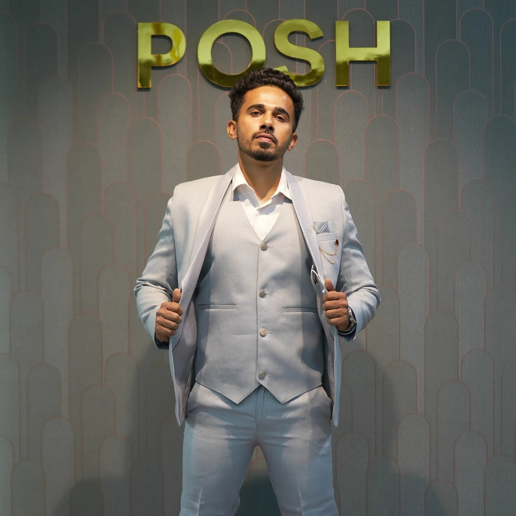 men wearing Light Grey Three-Piece Suit rented by Posh Wedding Rental
