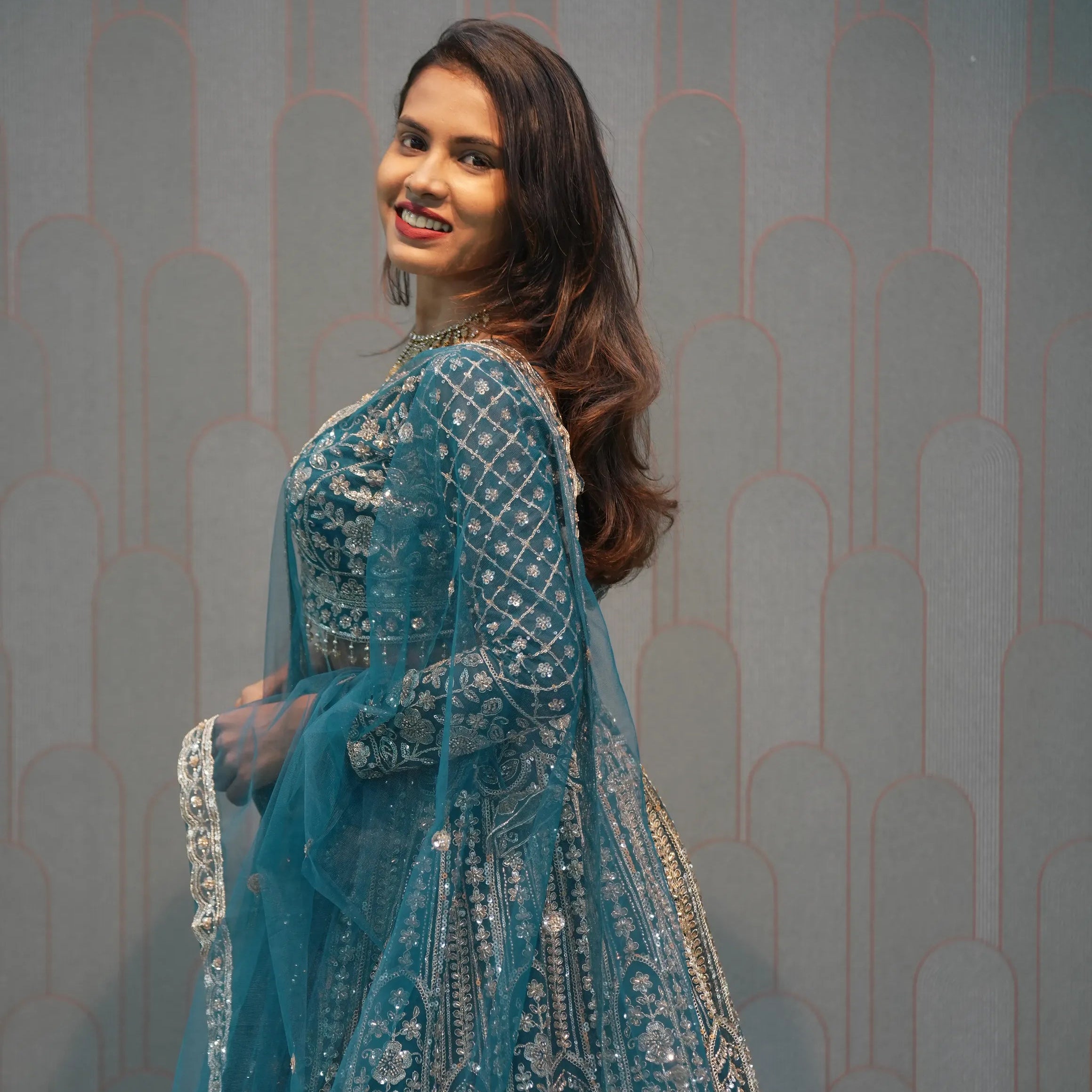 Peacock Blue Heavy Embellished Crop Top