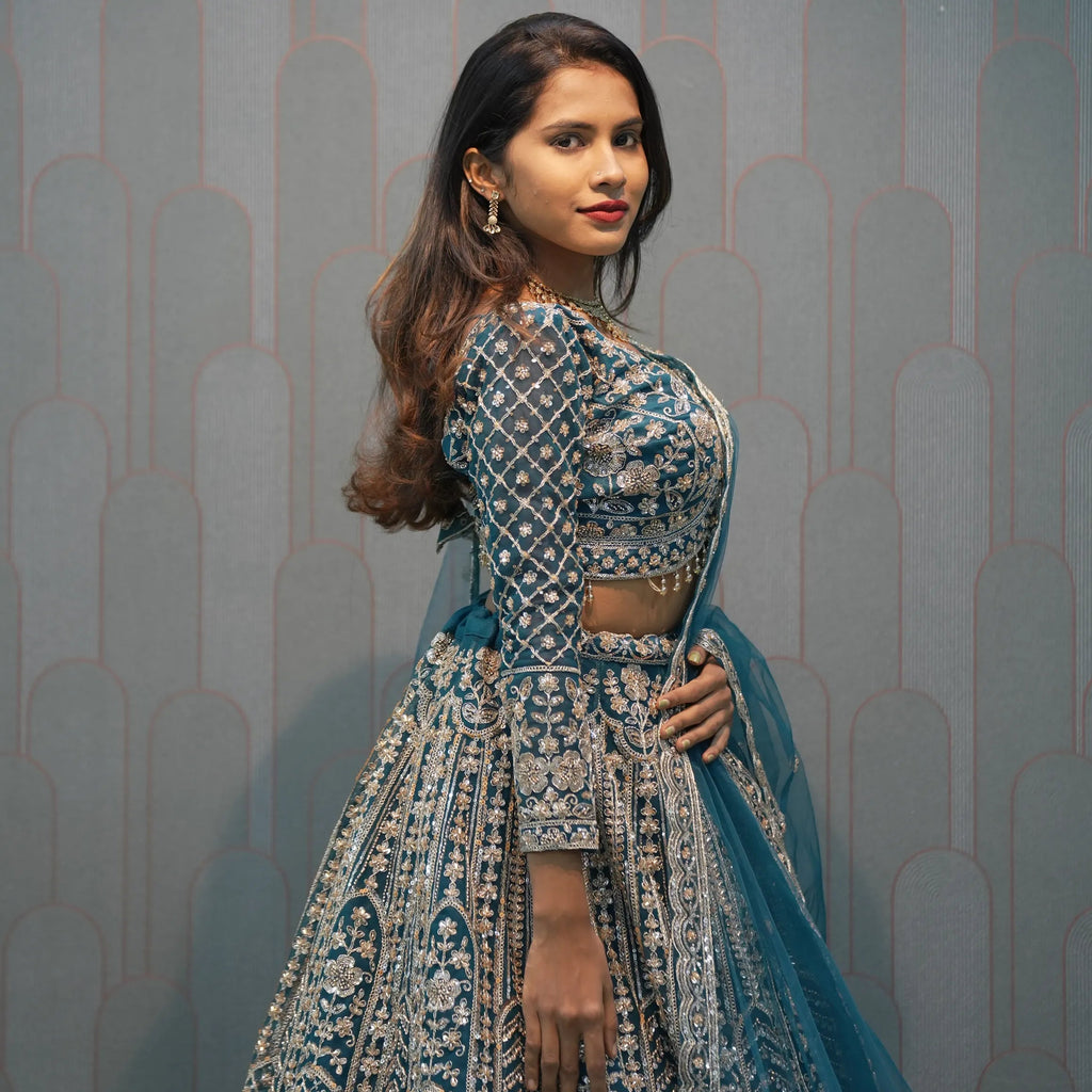 Peacock Blue Heavy Embellished Crop Top