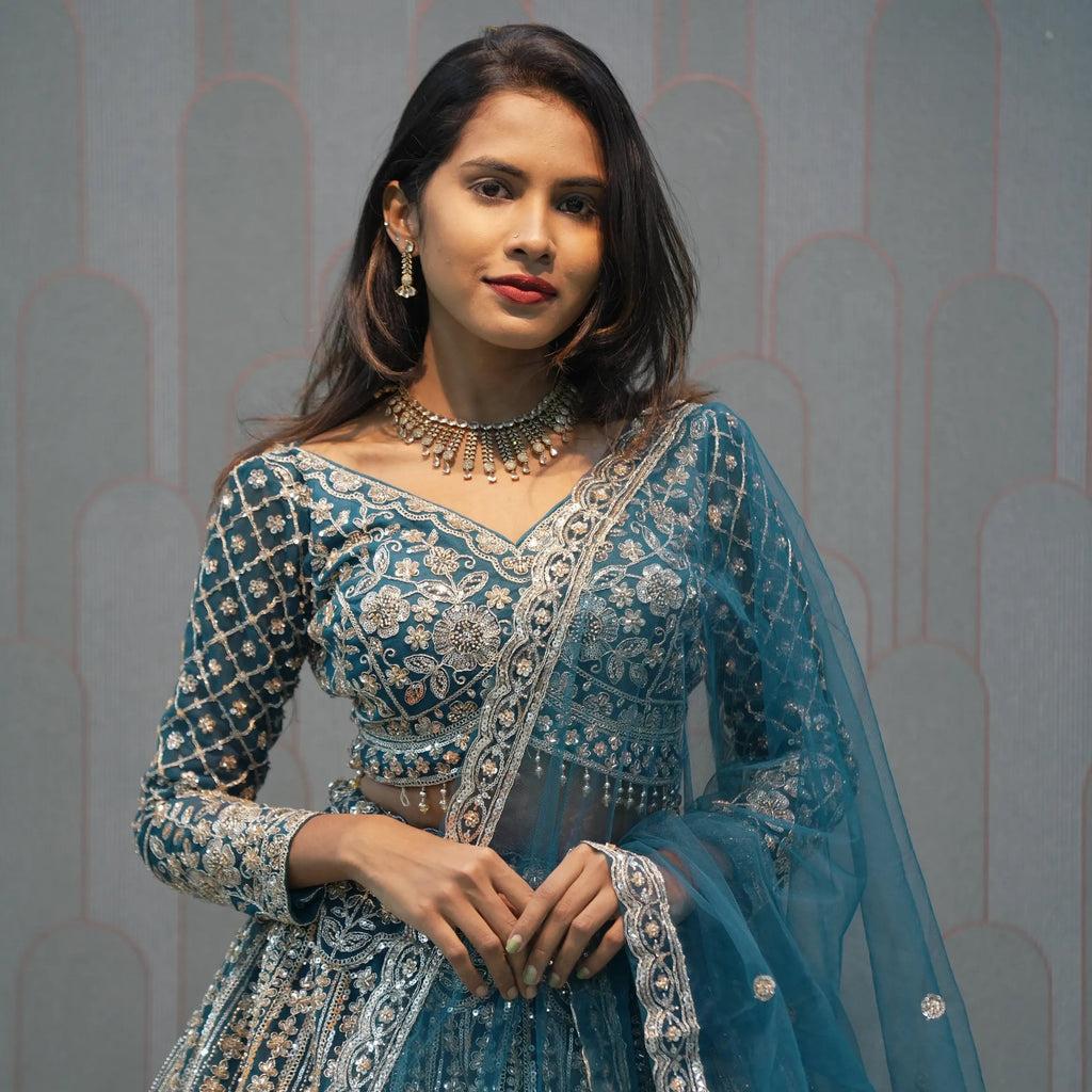 Peacock Blue Heavy Embellished Crop Top