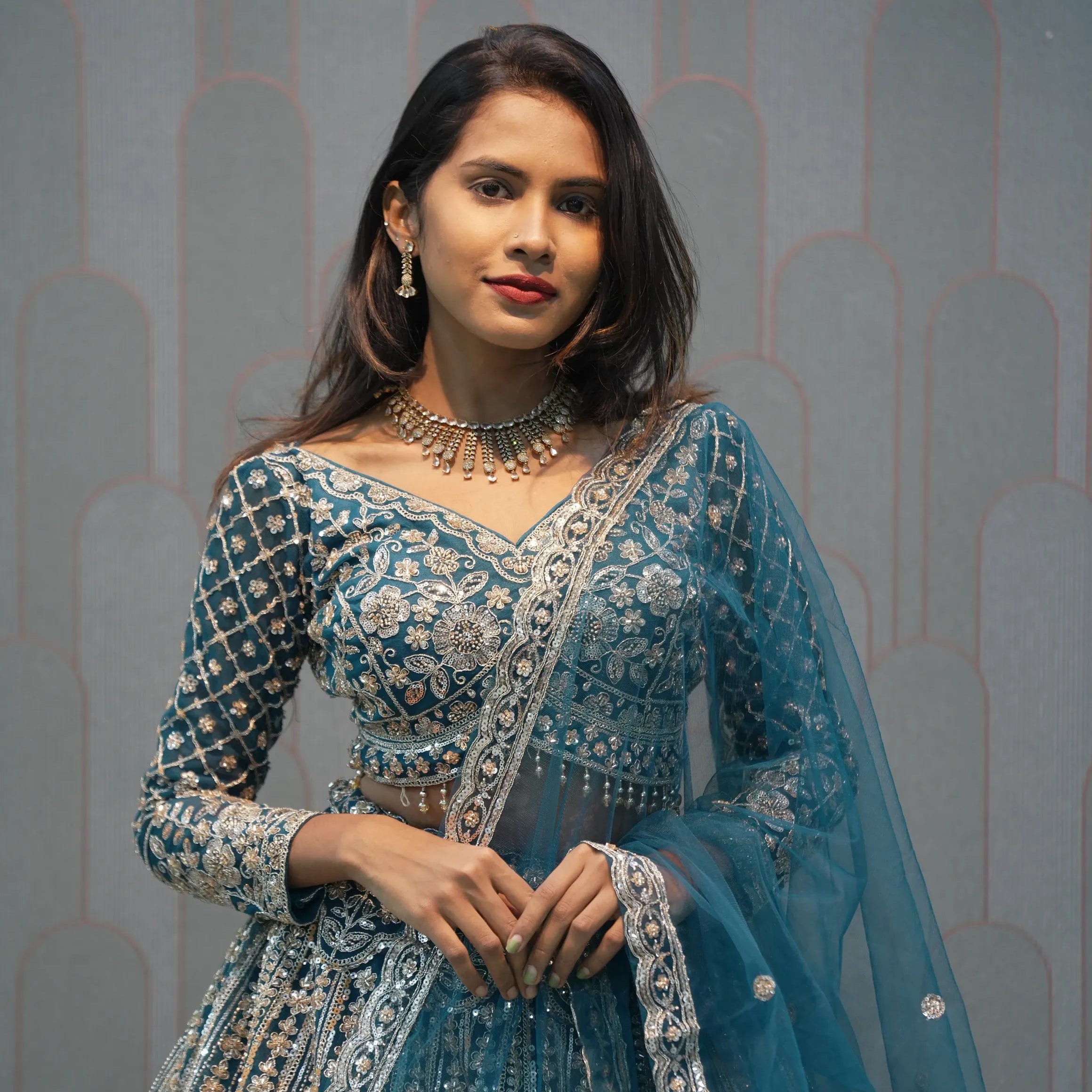 Peacock Blue Heavy Embellished Crop Top