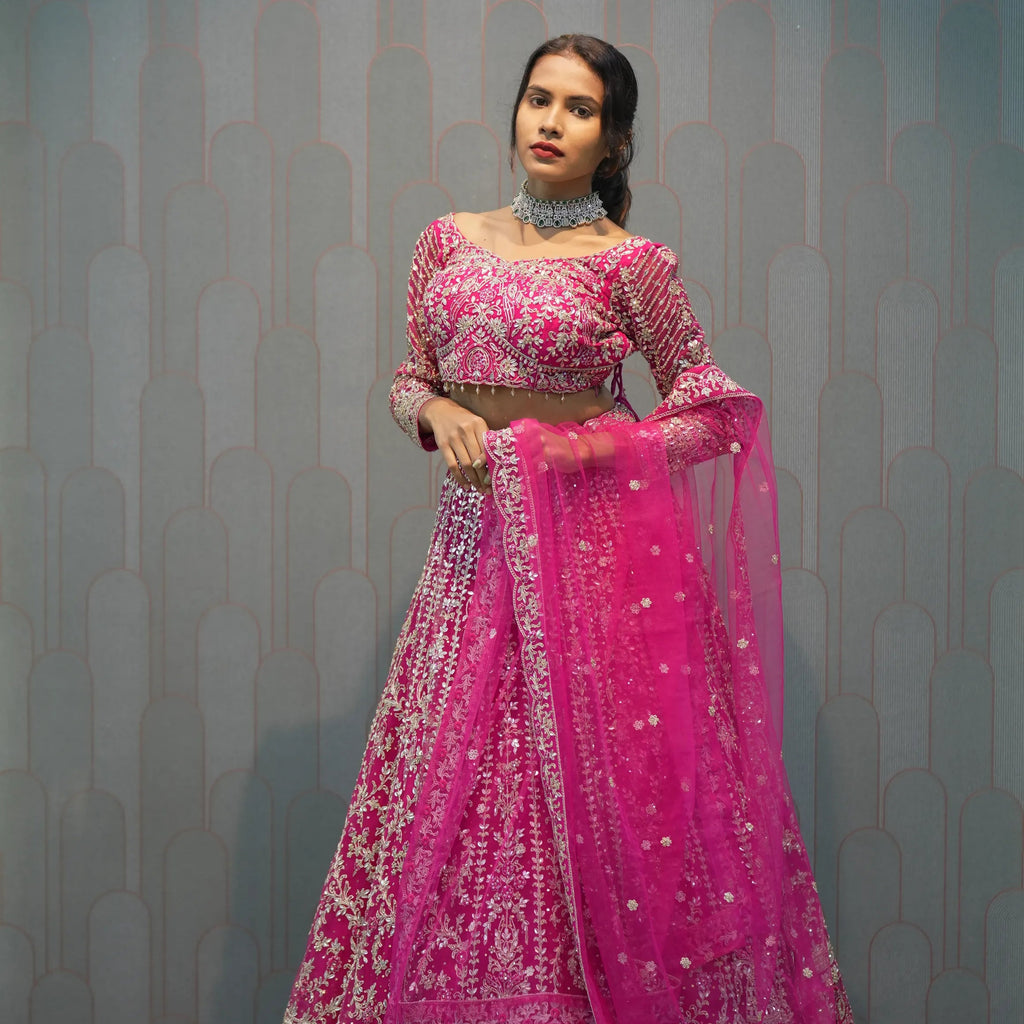 Dark Pink Heavy Embroidered Crop Top