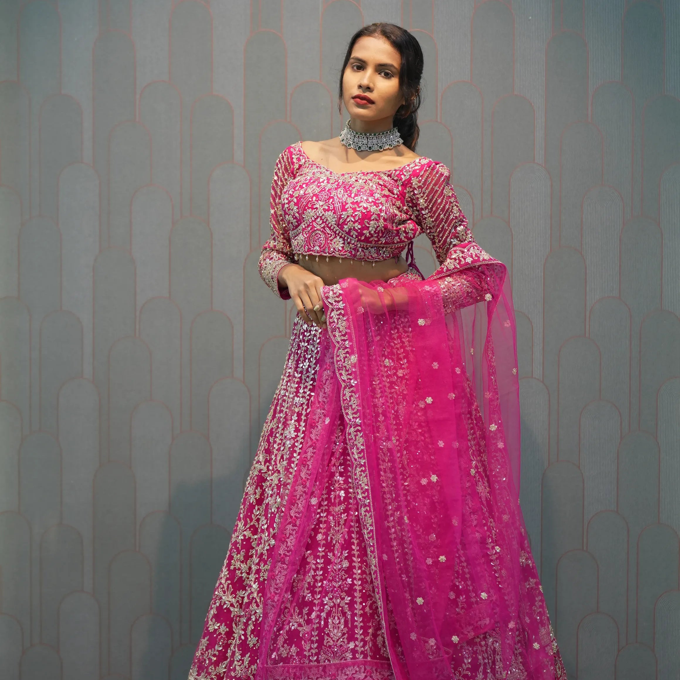 Dark Pink Heavy Embroidered Crop Top