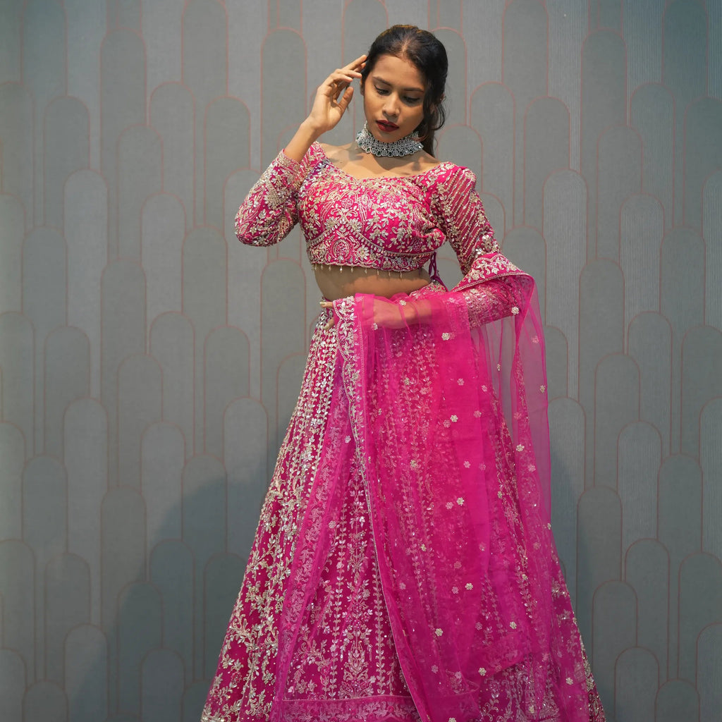 Dark Pink Heavy Embroidered Crop Top