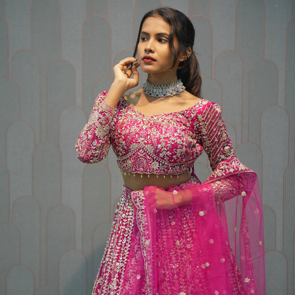 Dark Pink Heavy Embroidered Crop Top