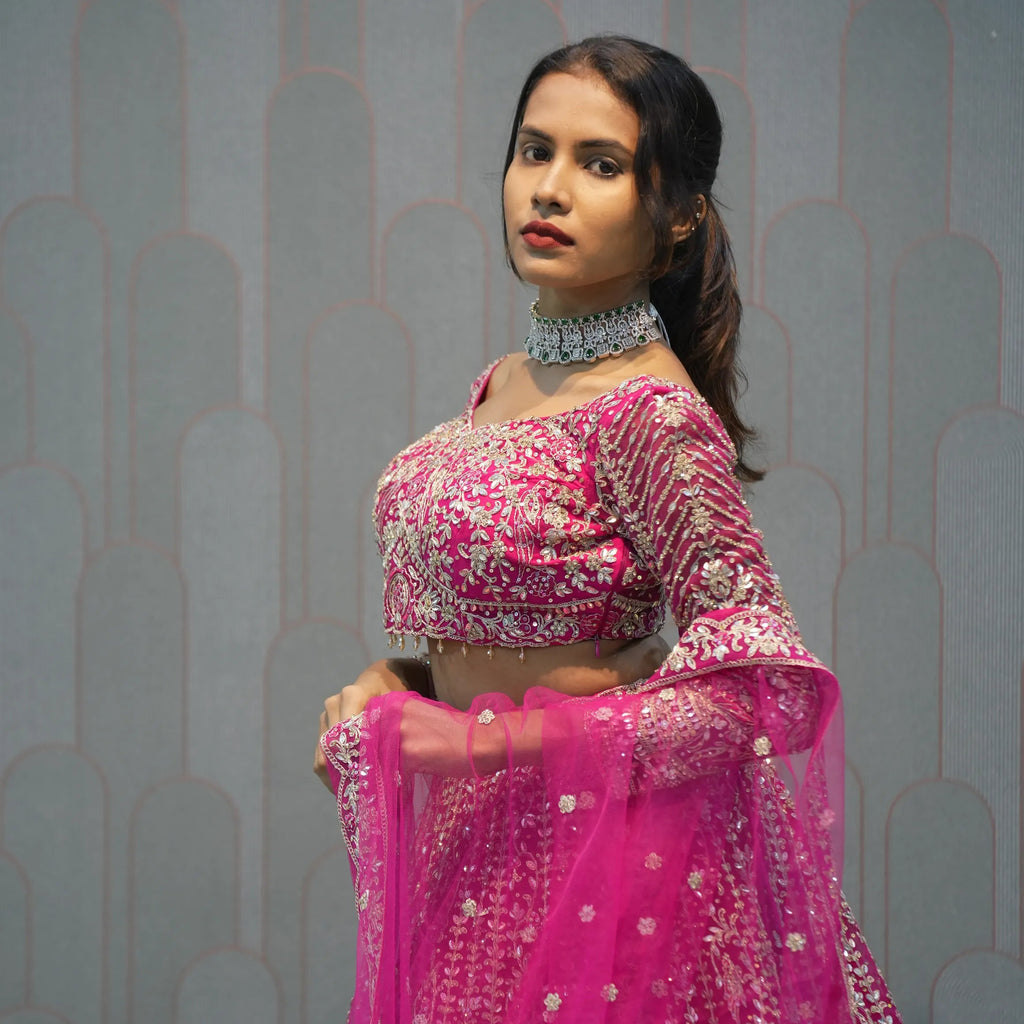 Dark Pink Heavy Embroidered Crop Top