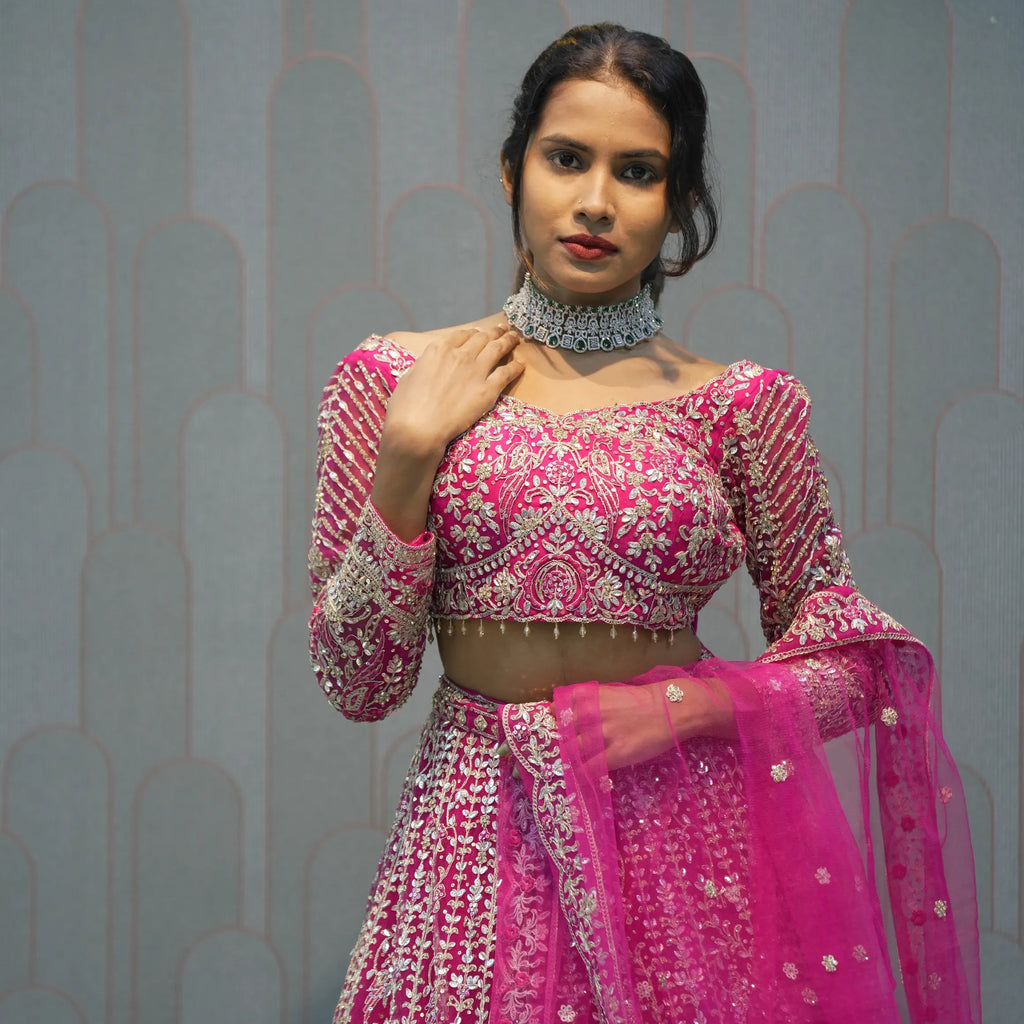 Dark Pink Heavy Embroidered Crop Top