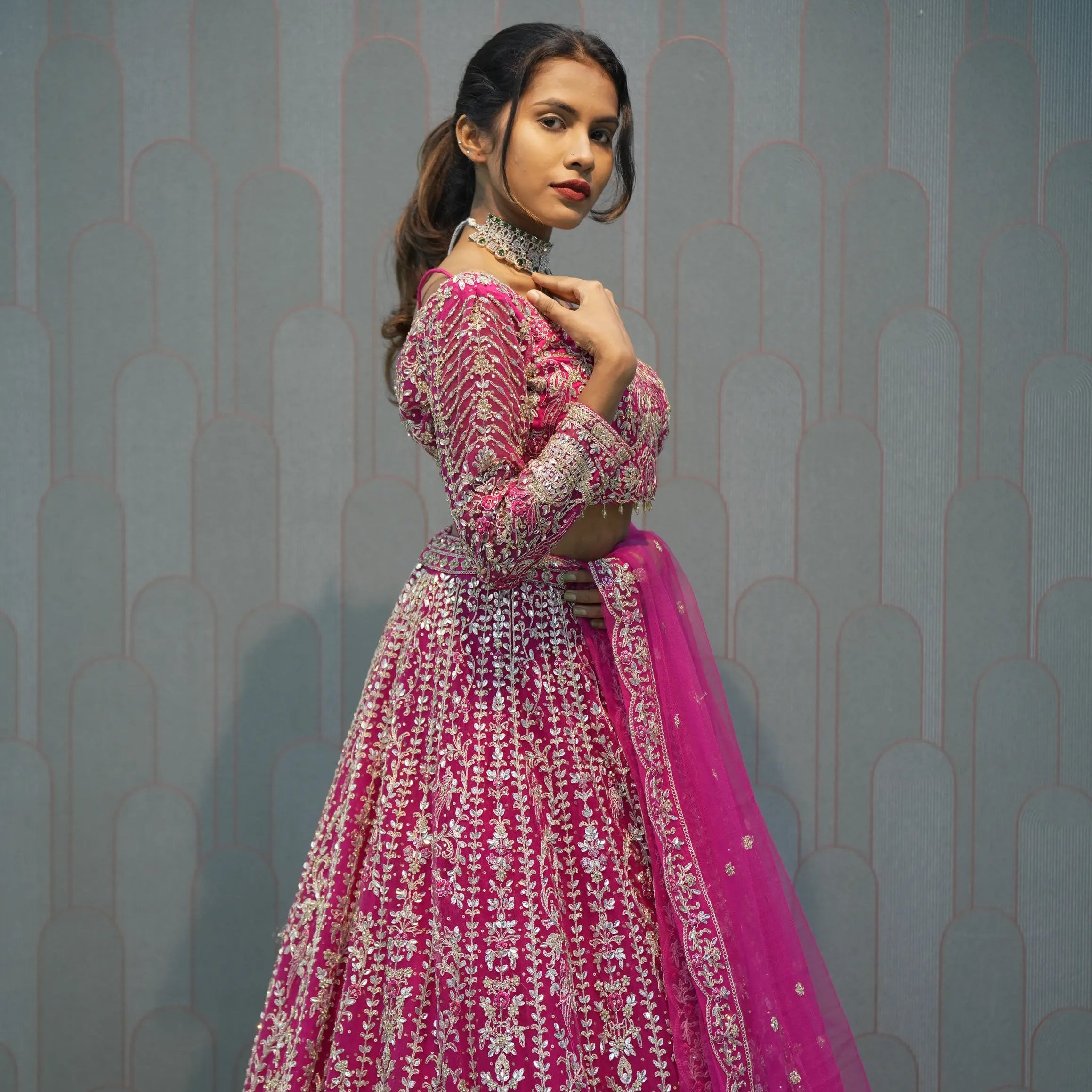 Dark Pink Heavy Embroidered Crop Top