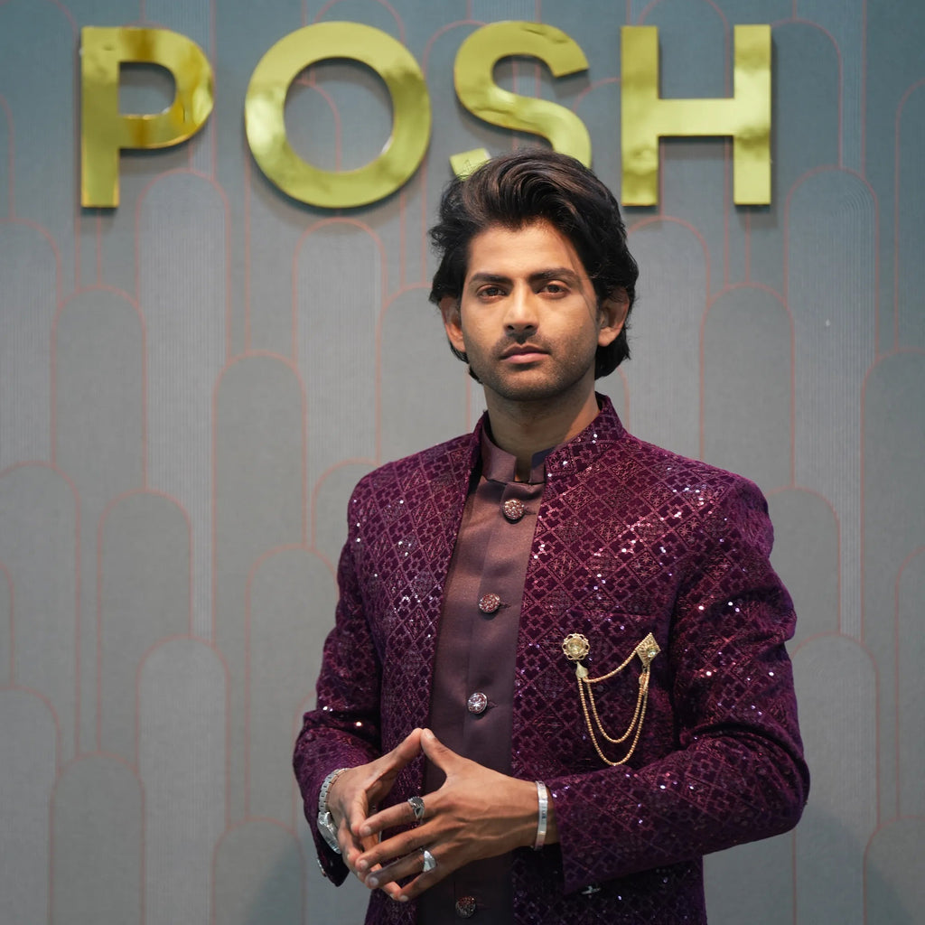 groom wearing rented Wine Sequin Indo-Western Set from posh wedding rental